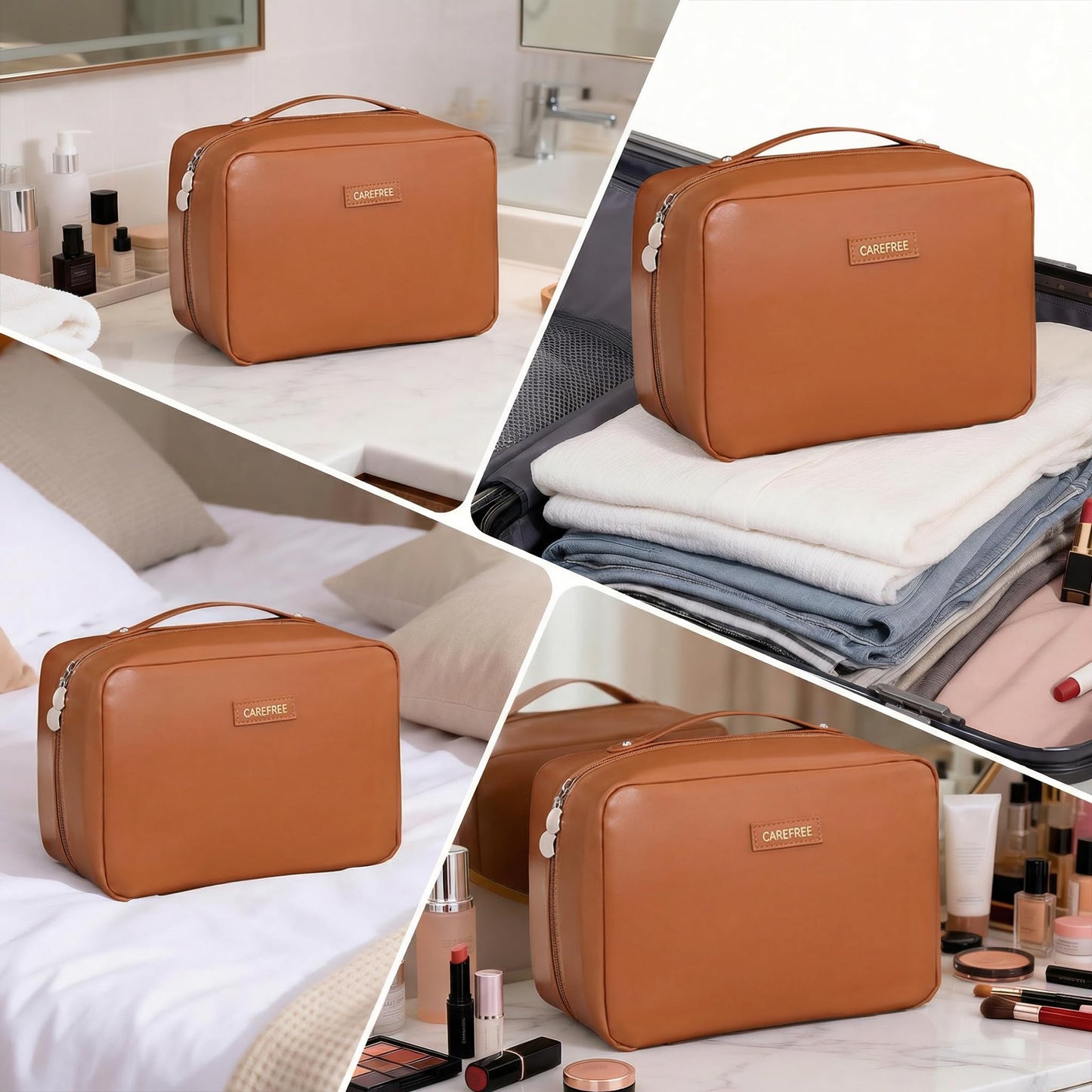 AUCCNT Travel Makeup Bag, Large Capacity Cosmetic Bags for Women, Waterproof Portable Pouch Open Flat Toiletry Bag Make up Bag (Brown)