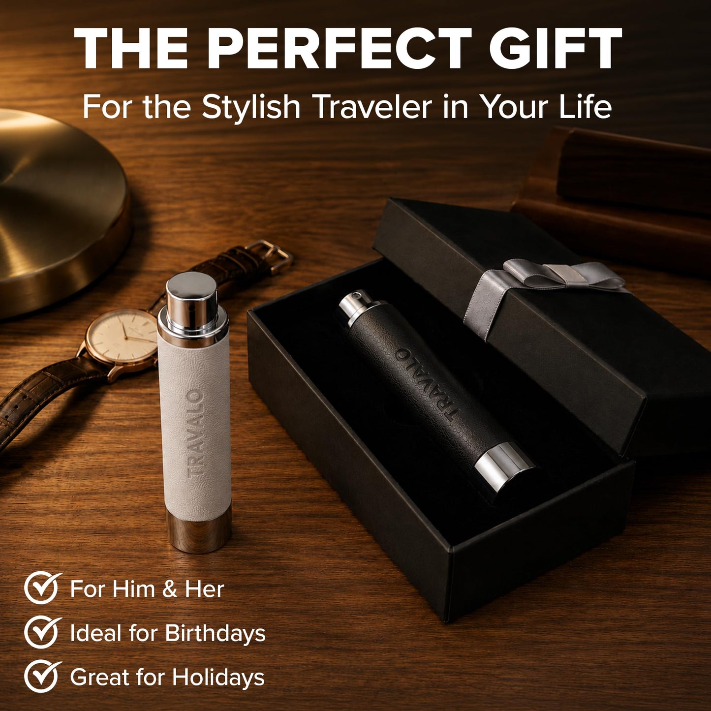 Travalo Walzer Refillable Perfume Atomizer - Pocket-Size, Leak-Proof, Glass-Free Spray Bottle Safe for Air Travel - Mini Perfume Bottle with Black Leather Cover