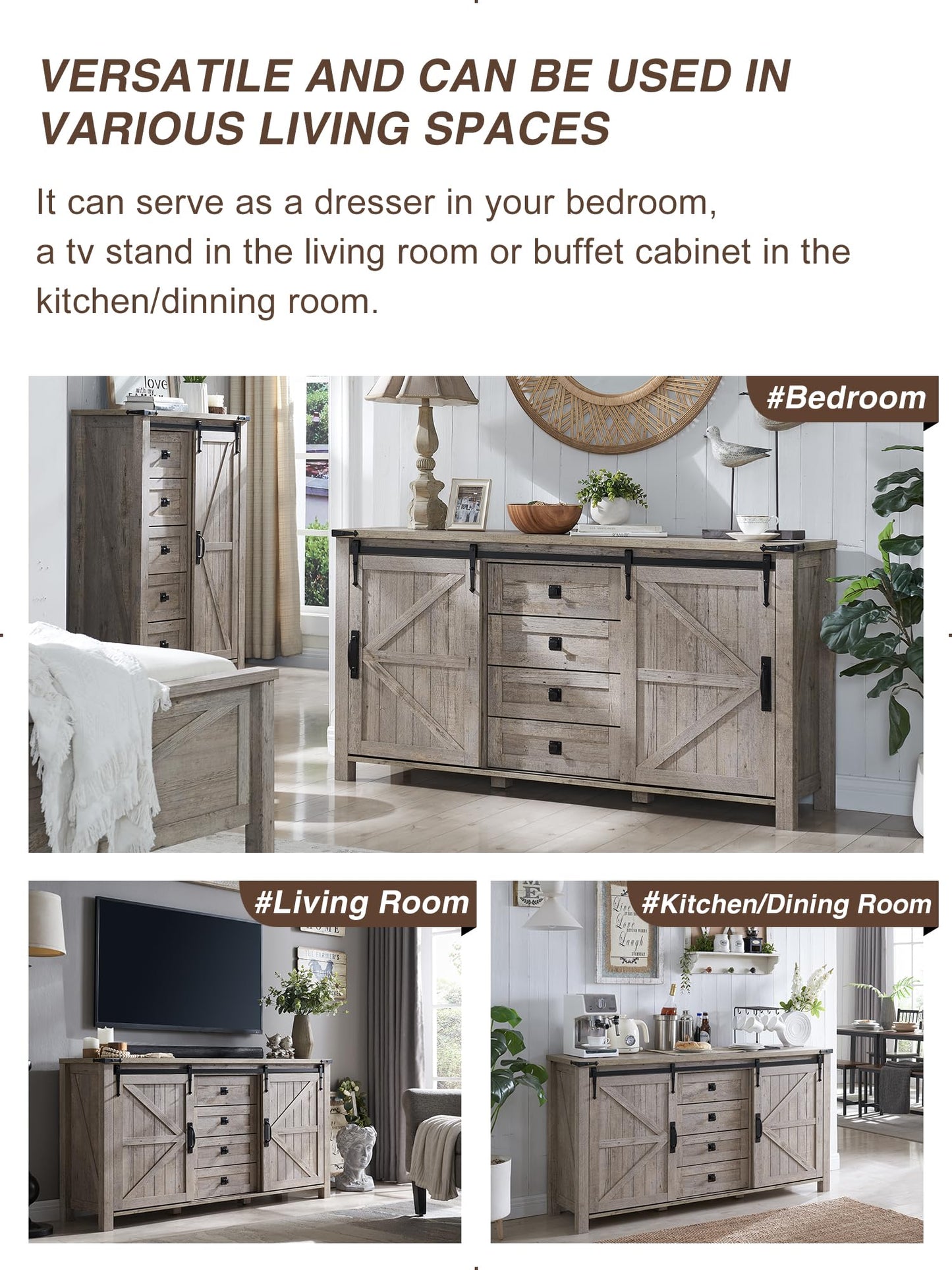 T4TREAM Farmhouse Sideboard Buffet Cabinet with Storage, 60" Large Kitchen Cabinet w/Sliding Barn Doors and 4 Drawers, 31.2'' Tall Rustic Wood Coffee Bar Table for Dining Room, Light Rustic Oak