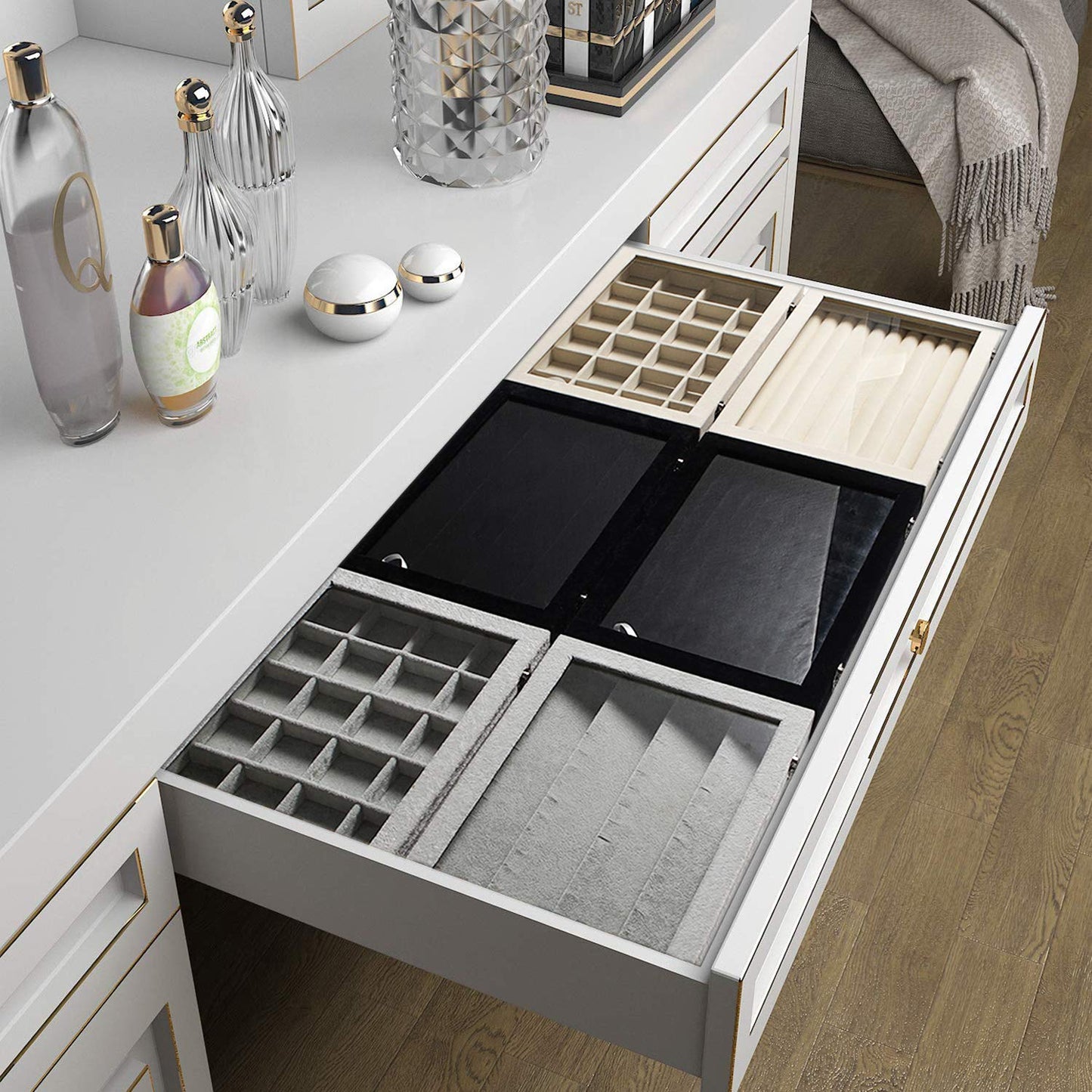 Frebeauty Earring Organizer Tray with Clear Lid 64 Slots Velvet Drawer Insert Earring Storage box with Transparent Glass lid Jewelry Display Case with lock Gifts for Women (Black, Earrings)