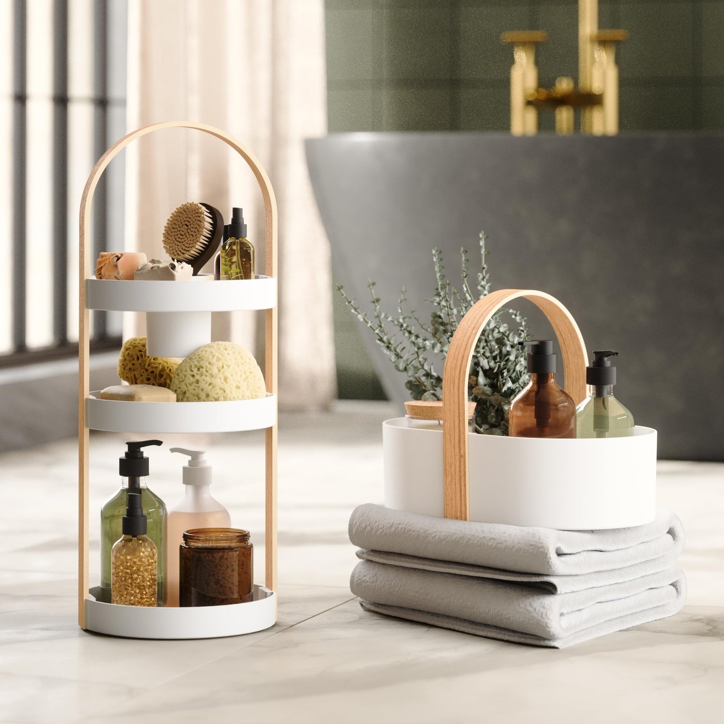 Umbra Bellwood Caddy, Organizer for Makeup and Cosmetics, Durable Rotating Container with Wooden Handle, Large, White/Natural