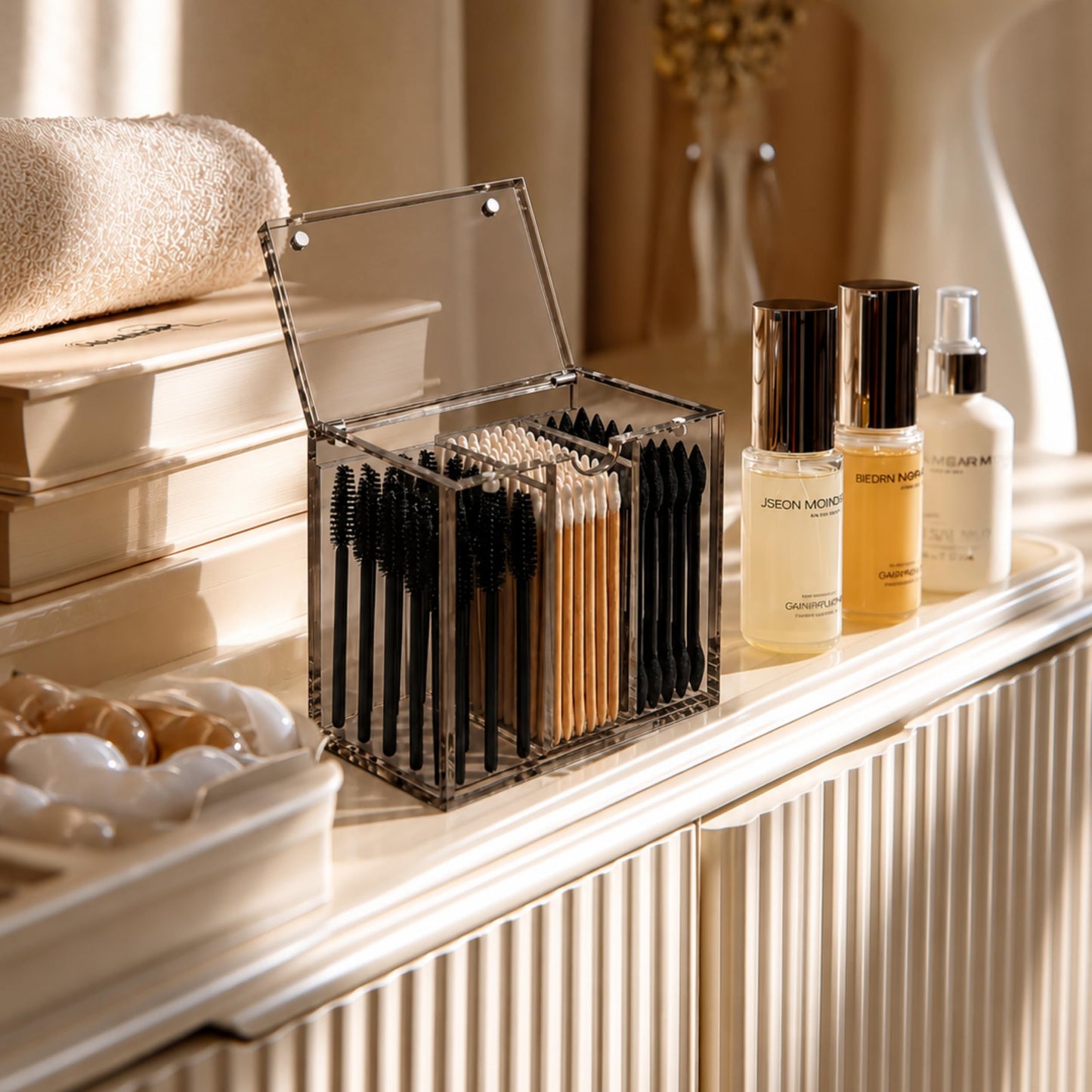 OR KO Dark Acrylic Makeup Organizer Box with Magnetic Lid Cover - 3 Compartment Acrylic Makeup Brush Holder & Cosmetic Organizer for Disposable Makeup Applicators, Brushes, & Mascara Wands