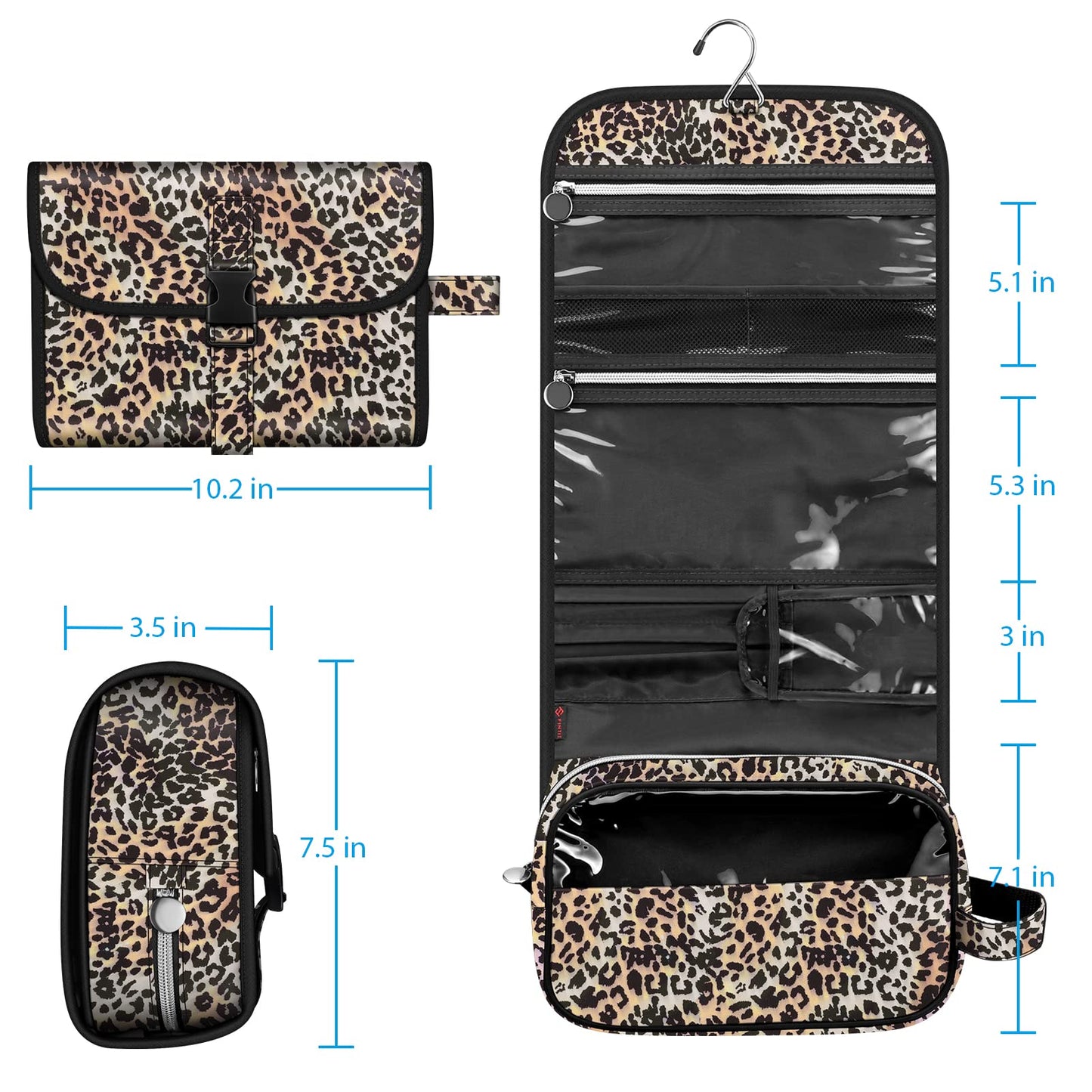 FINTIE Portable Toiletry Cosmetic Travel Bag, Large Water Resistant Hanging Makeup Organizer Storage Pouch Case for Women Girls (Leopard)