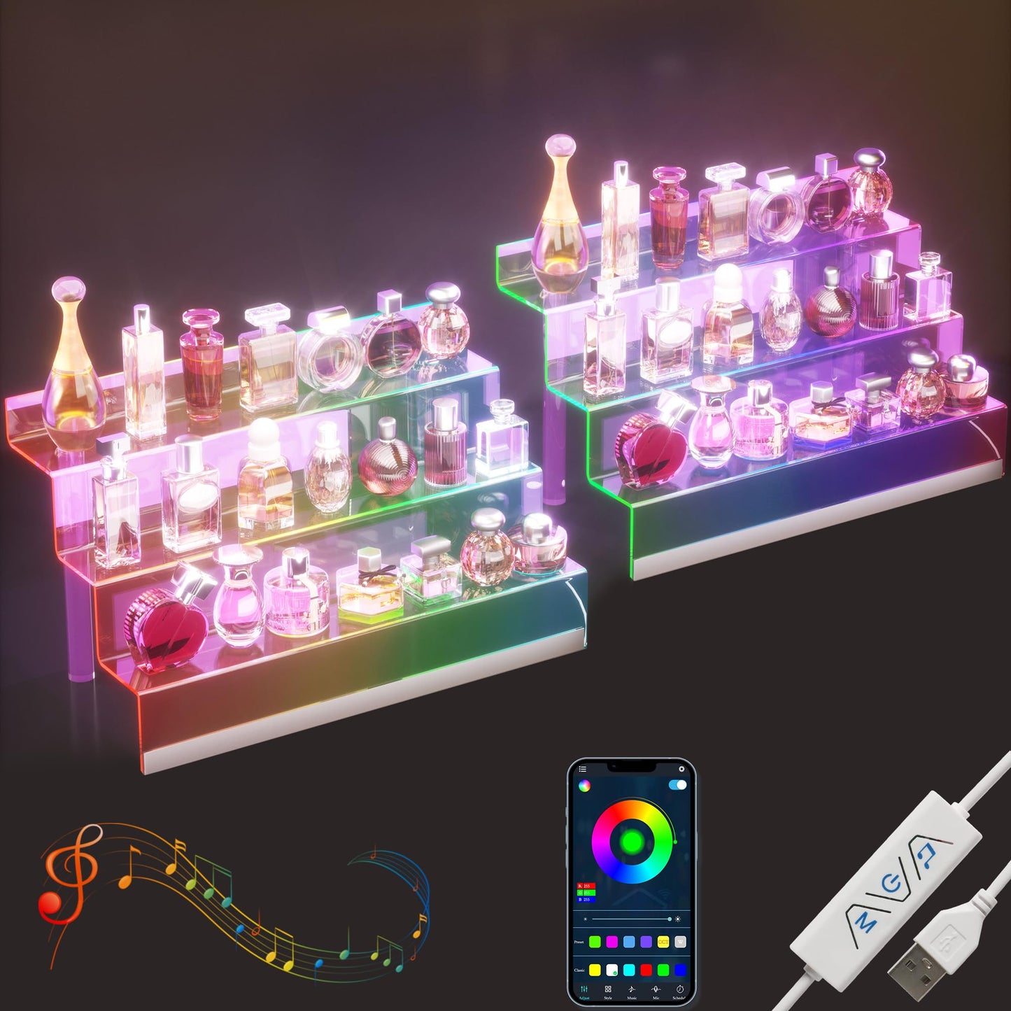 16โ Acrylic Display Organizer with LED Light - 3 Tier Perfume Organizer for Women, Cologne Organizer for Men, Figures Stand, Clear Riser, Perfume Stand and Display Step Shelves Holder, 2 Pack Stands