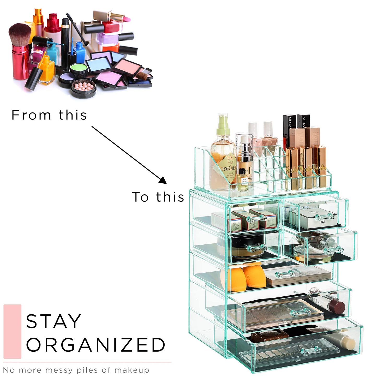 Sorbus Acrylic Makeup Organizer Set, 7-Drawer Vanity & Countertop Cosmetic Storage with Small & Wide Compartments, Teal Thrill Makeup Storage for Brushes, Jewelry – Holiday Gift for Women & Teens