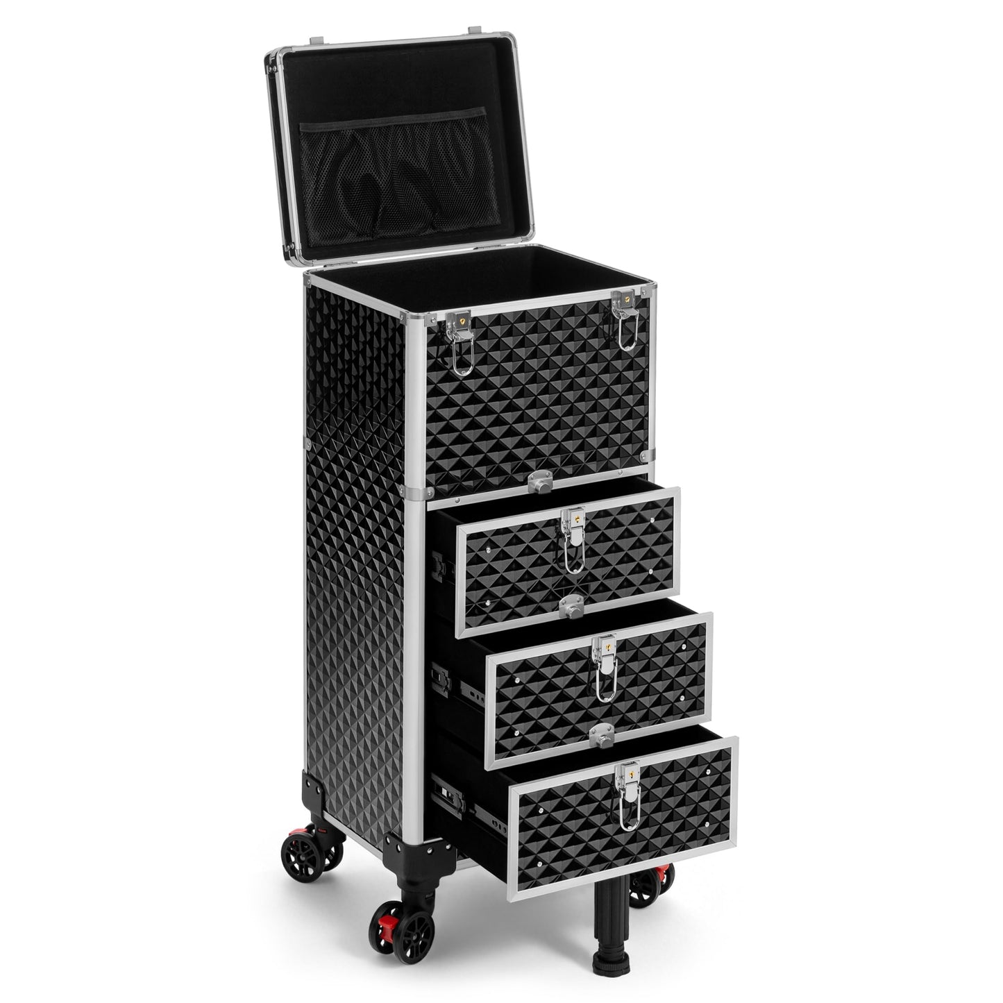 JINGUAN Rolling Makeup Train Case with 3 Drawers, Nail Trolley Cart Salon Station Cosmetology Case on Wheels Organizer Cases for Nail Tech,SPA,Face Painting,Hairstylist,Makeup Artist (Silver & Black)