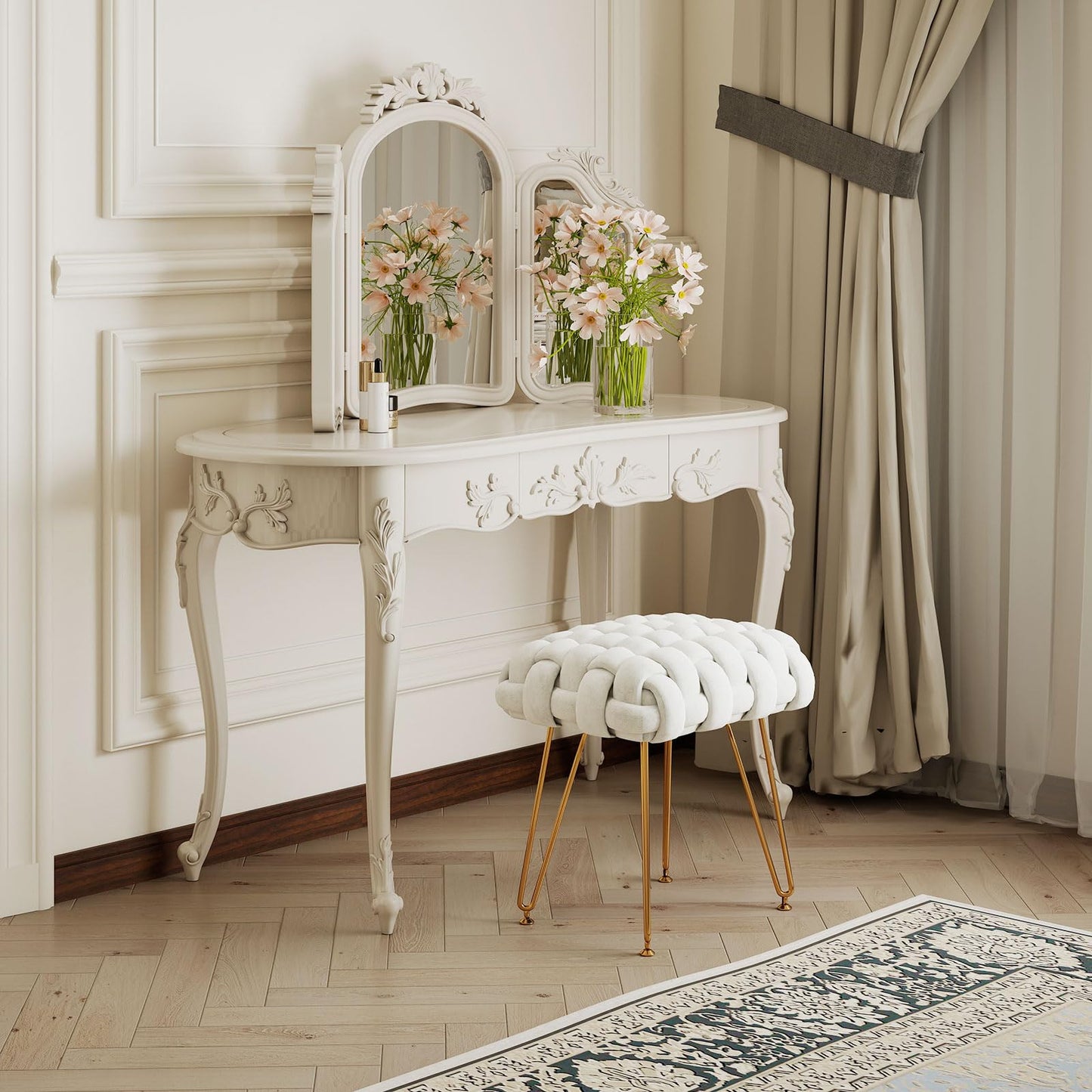 Sefulei Upholstered Velvet Vanity Stool, Hand-Woven Makeup Vanity Chair with Gold Metal Legs, Modern Foot Stool Ottoman for Living Room Bedroom, Easy Assembly (White)