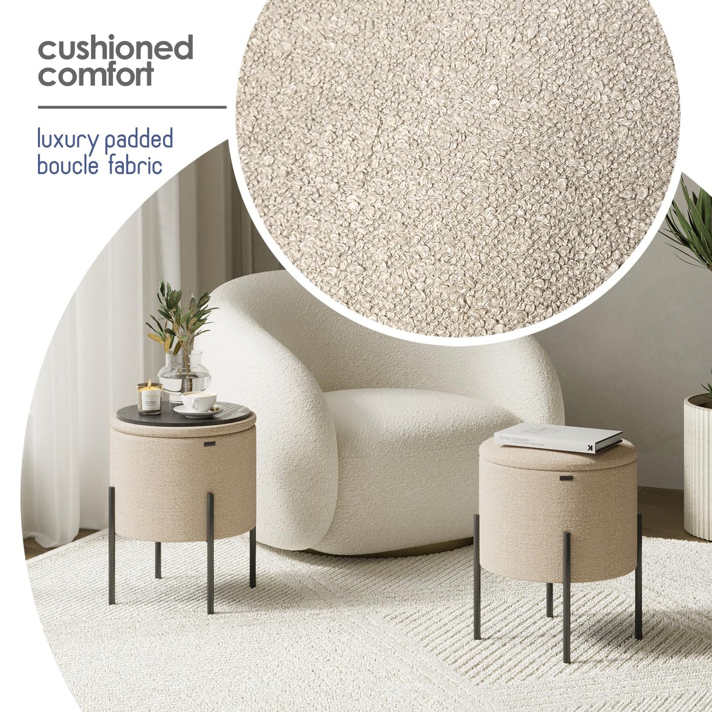 STORAGEBUD Round Ottoman with Storage, Boucle Storage Foot Stool, Makeup Vanity Stool, Small Ottoman Foot Rest, Modern Ottomans for Living Room and Bedroom, Beige