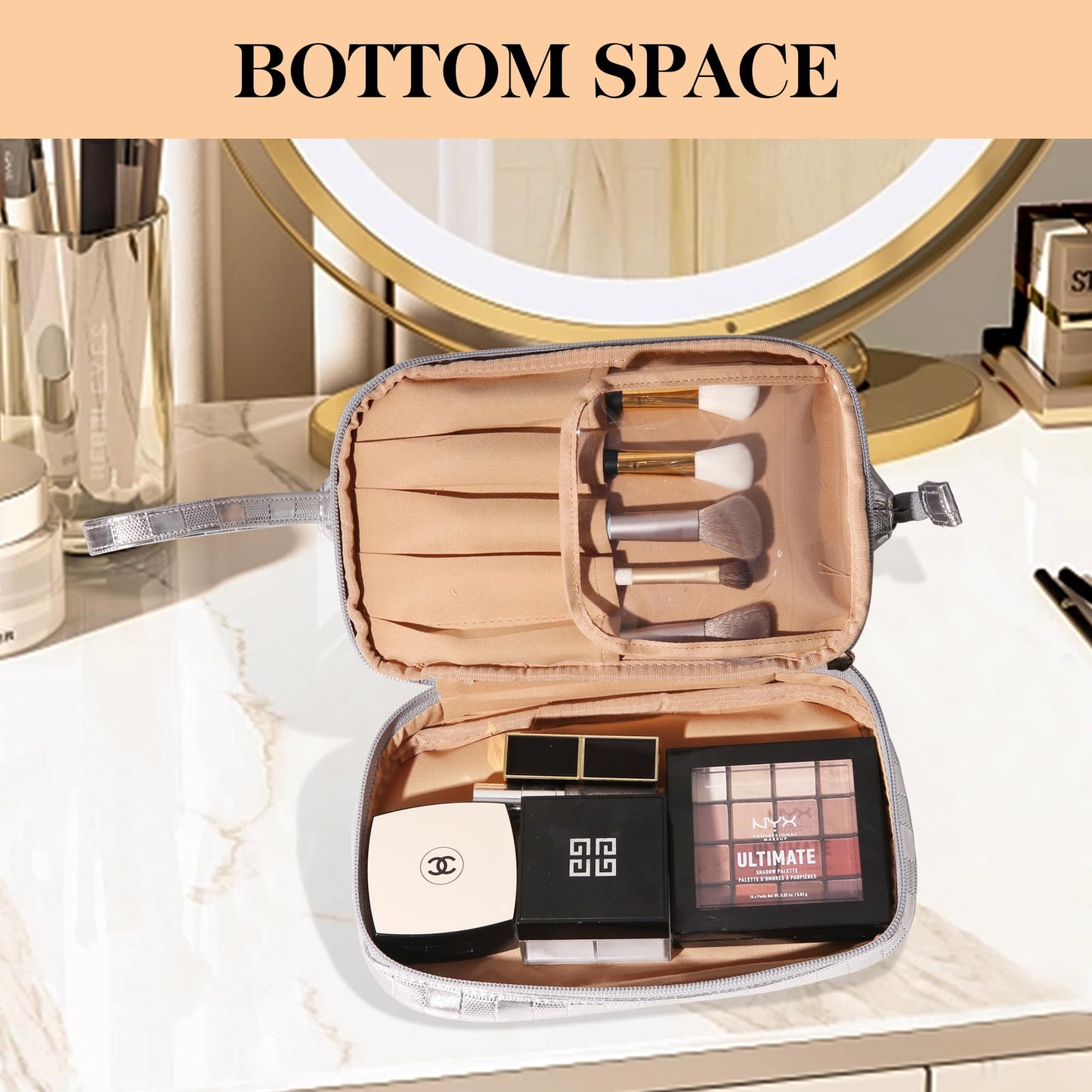 Abiudeng Large Makeup Bag for Women,Travel Makeup Organizer with Brush Holder, Dopp Kit,Waterproof Checkered Cosmetic Bag for Traveling,Multi-Compartment,Essentials,Cute,Spacious Capacity-silvery