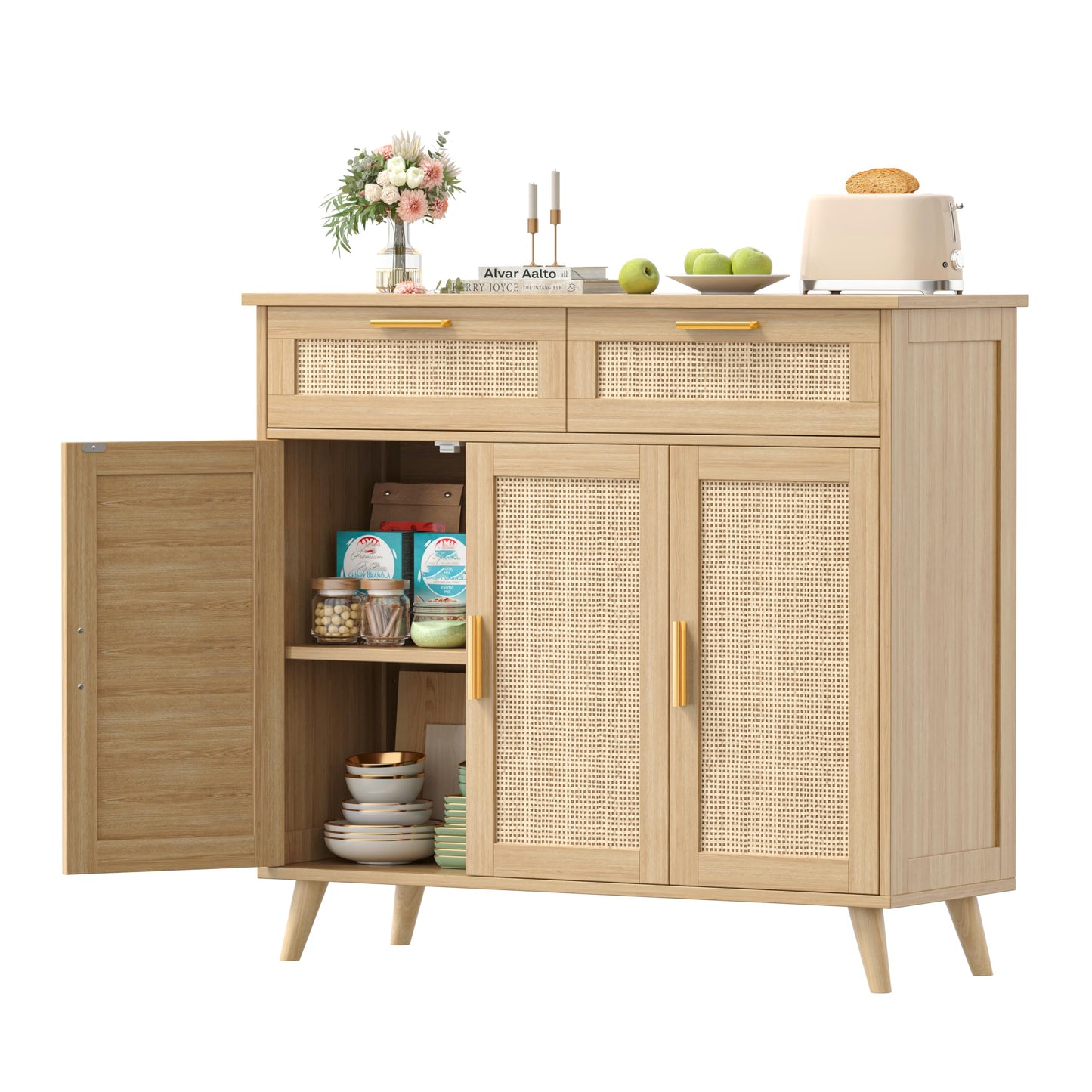 Akxomel Rattan Sideboard Buffet Cabinet with Storage, 35.4" W Buffet Cabinet with 2 Drawers and 3 Doors, Sideboard Storage Cabinet with Adjustable Shelves for Kitchen, Living Room, Natural Oak