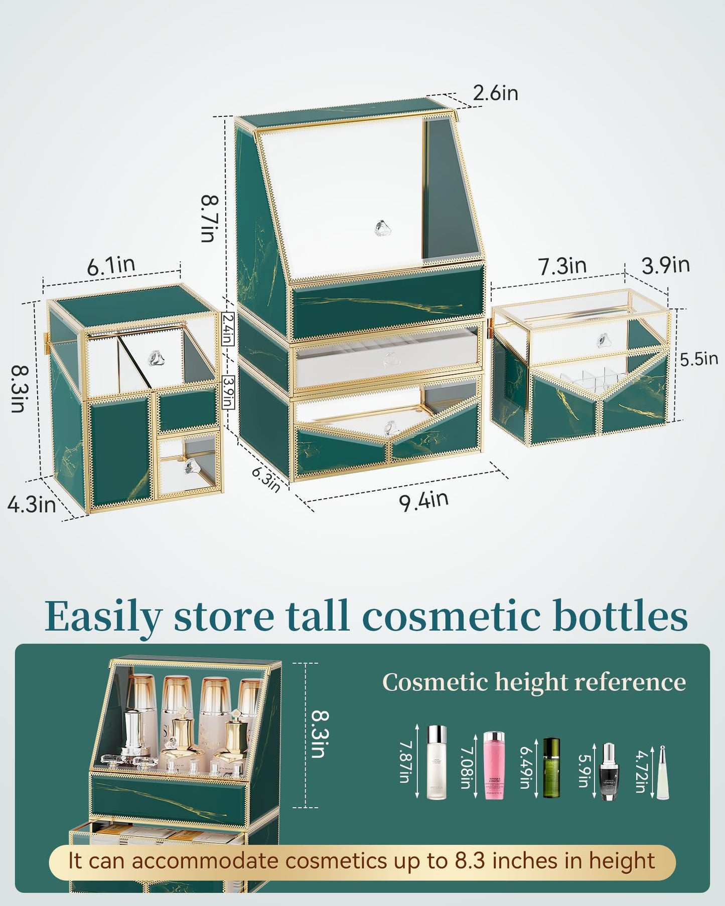 Youdepot Extra Large Makeup Organizer, Glass Cosmetic Storage with Drawers, Stackable Makeup and Jewelry Organizer for Vanity Table, Bathroom Countertop, Skincare, Lipsticks, Perfume, Brushes