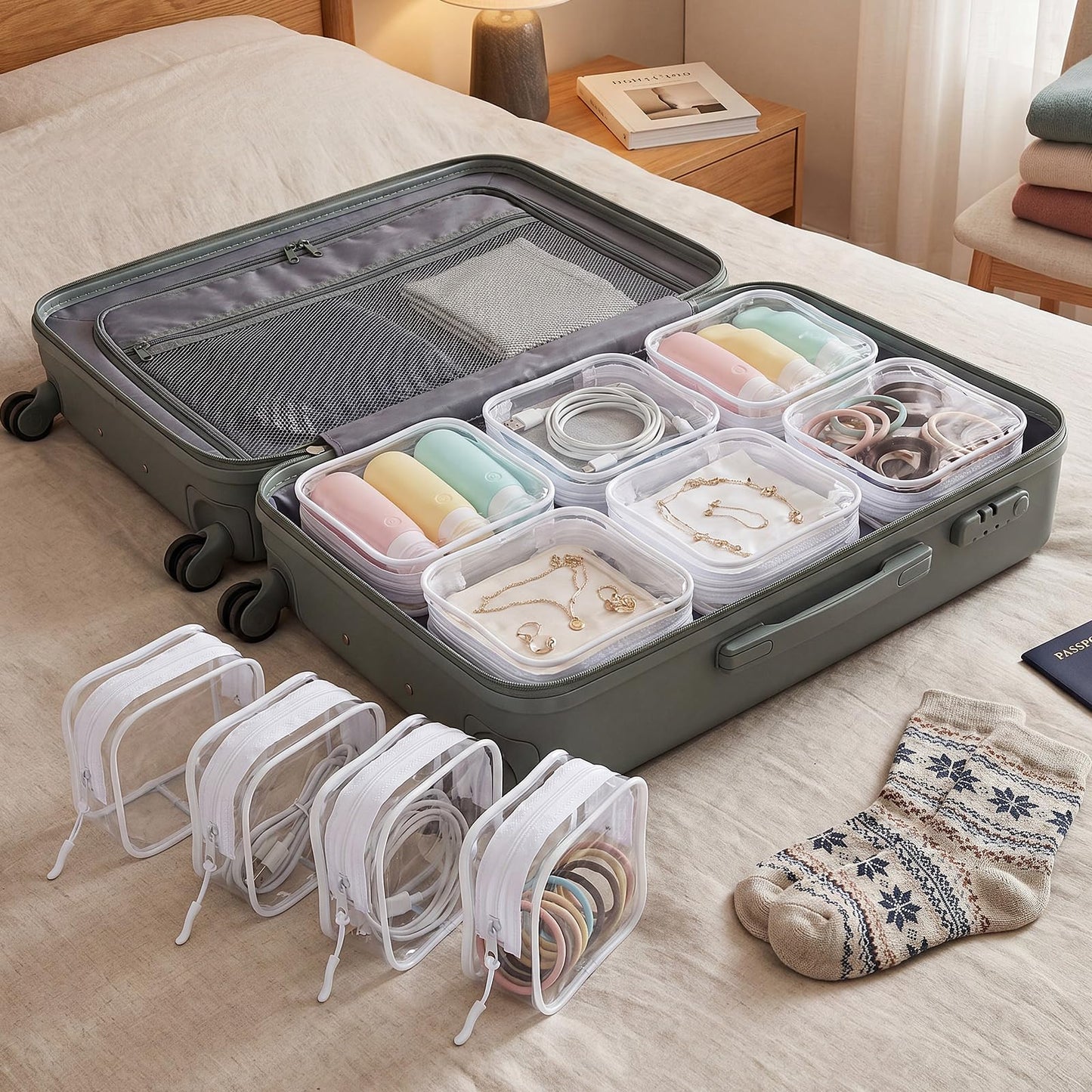 Sunnymove 12 Pcs White Clear Cosmetic Makeup Bags with Zipper Tsa Approved Pouches Bulk for Travel Transparent PVC Waterproof Carry Pouches Organizer Case for Men Women