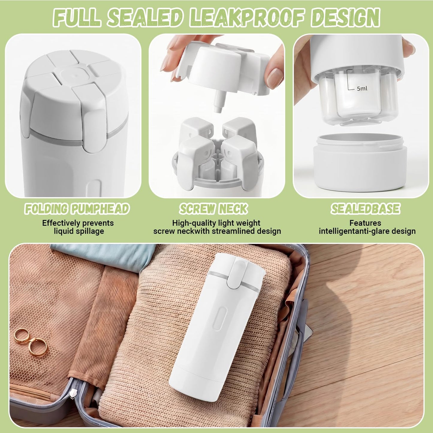 4 in 1 Travel Dispenser Bottle - Leak Proof Travel Containers - TSA Approved Travel Bottles for Toiletries - Travel Refillable Bottles - Portable Travel Size Pump Bottle - Travel Liquid Container