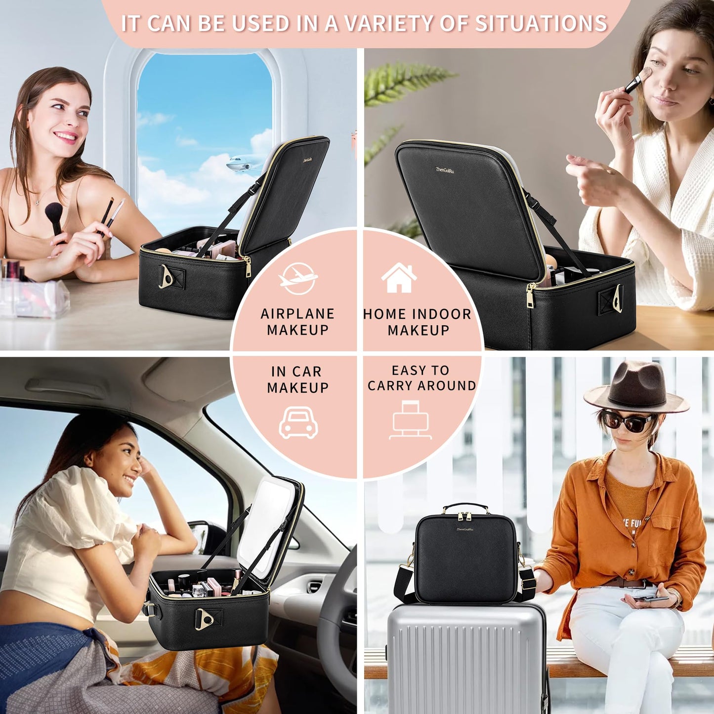 ZhenGuiRu Travel Makeup Bag with LED Mirror, Portable Cosmetic Case Organizer with Lighted Mirror, Waterproof Makeup Case for Cosmetic Brush Holder Storage, Black Toiletry Bag for Women Gift