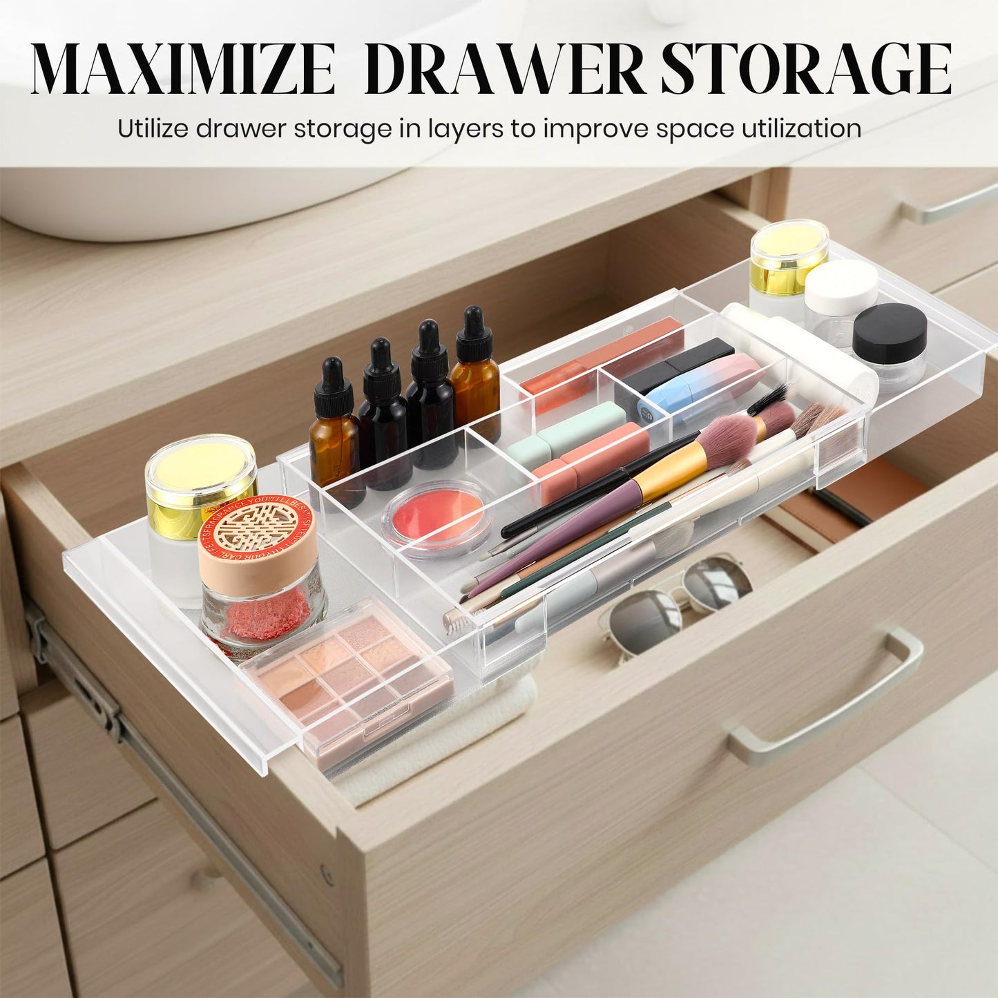 Dunkive 4pack Shallow Expandable Drawer Organizer, Adjustable 12.5”–20” Clear Plastic Drawer Organizer Tray for Vanity Bathroom Desk Kitchen Drawers, Multi Compartment Storage