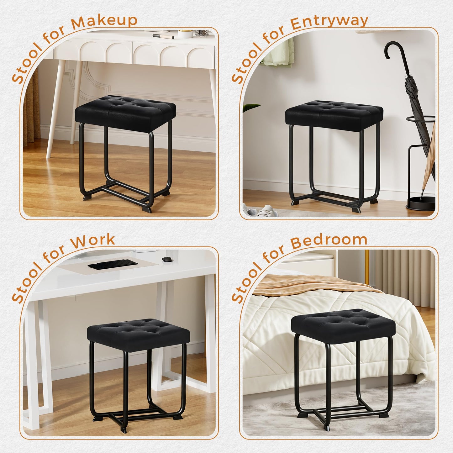BEWISHOME Black Vanity Stool, Leather Vanity Stool, Small Stool Chair for Vanity, Square Ottoman Foot Stool, Makeup Vanity Chairs with Thick Padded Seat for Bathroom, Bedroom, Entryway, KFD01B