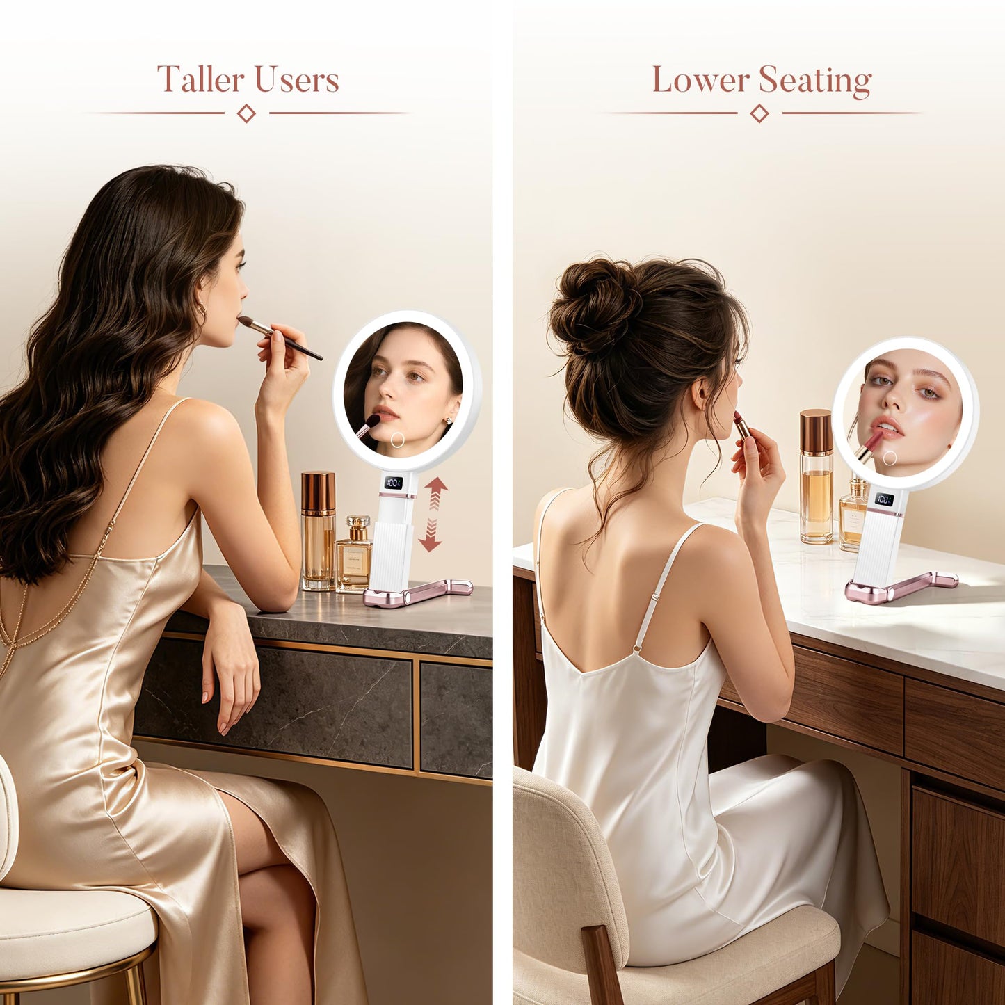 MIYADIVA Travel Makeup Mirror with Lights, Height Adjustable 30X/1X Double-Sided Magnifying Mirror, Portable Foldable Vanity Mirror with Digital Display & Phone Holder, Handheld Tabletop Hanging