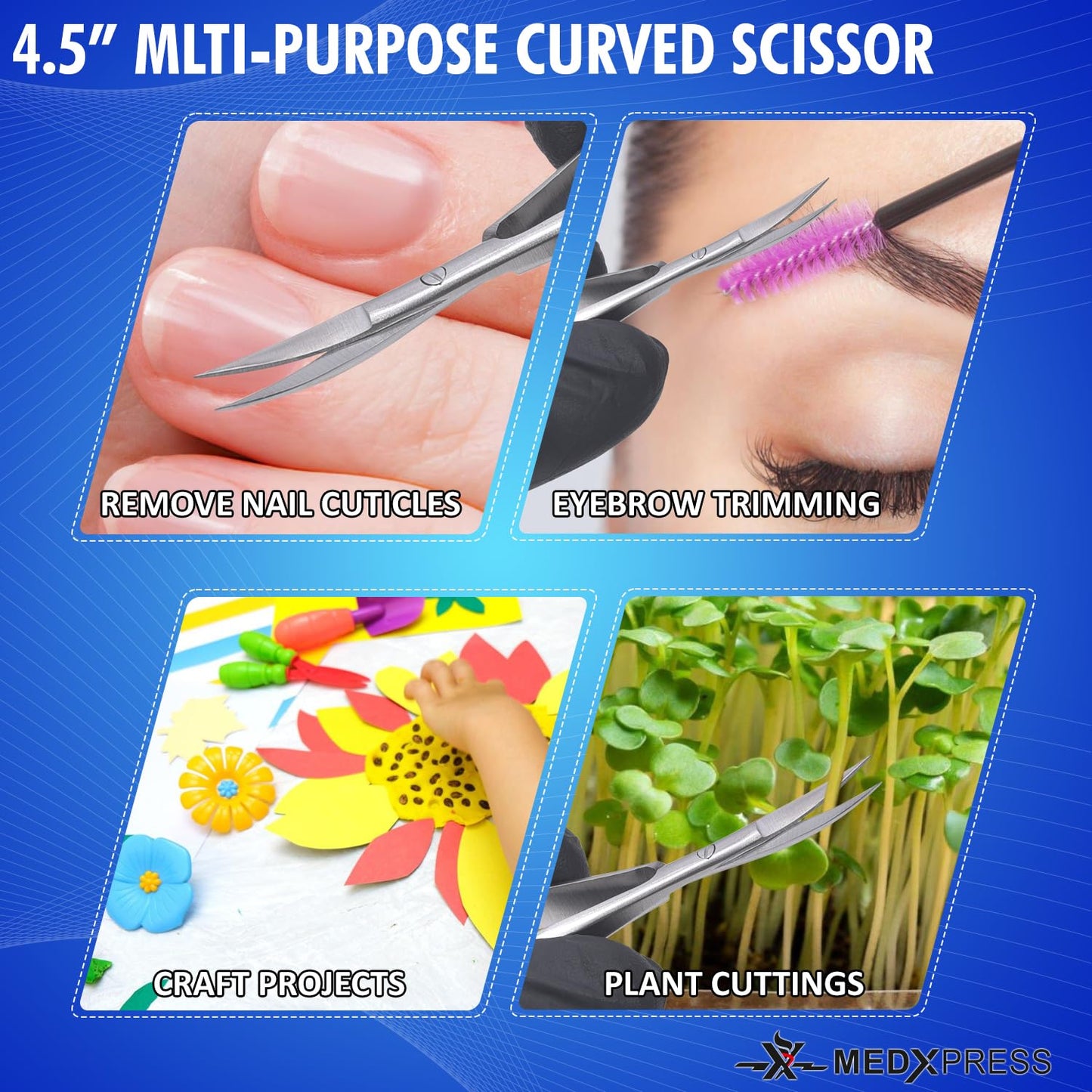 Medxpress Set of 3 Micro Scissors 4.5” Curved Embroidery Scissor Stainless Steel Trimming for Eyebrows and Eyelashes Extra Sharp Grooming Scissors Spring Action Sewing Arts & Crafts Squeeze scissors.