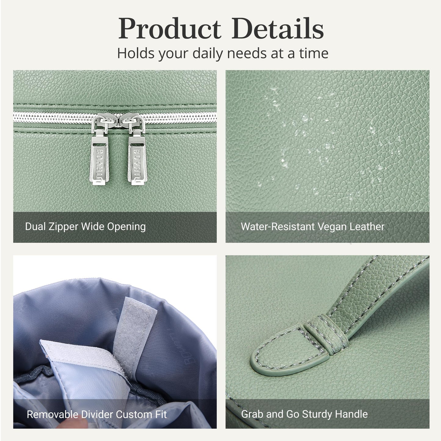 BOYATU Makeup Bag Vanity Case: Vegan Leather Cosmetic Bag for Women - Waterproof Travel Toiletry Organizer with Removable Divider - Portable Make up Bag with Handle (Green)