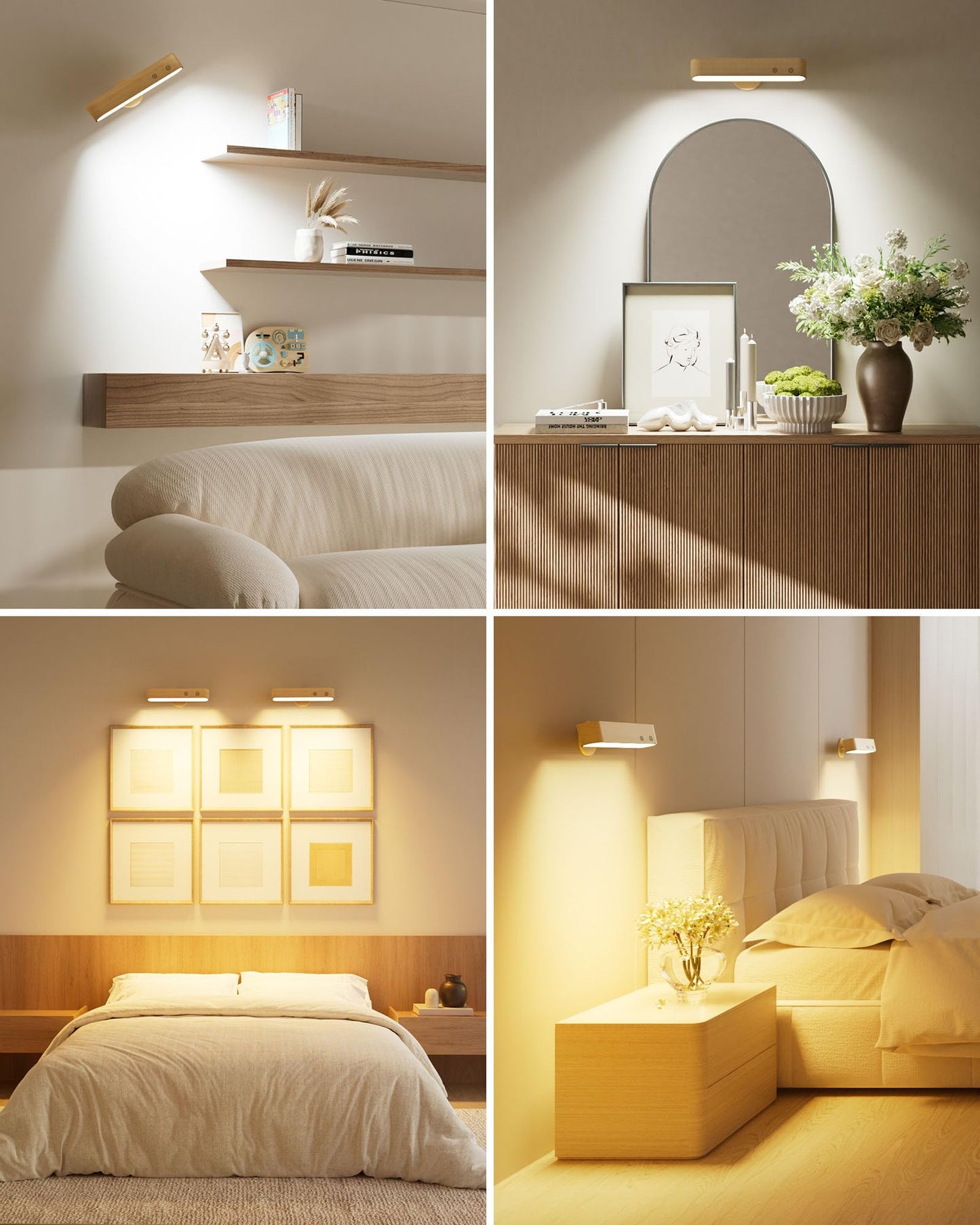 PopoIron Rechargeable LED Wall Sconces Set of Two,Wall Lights for Bedroom with Remote Control and Touch,360Β° Magnetic Rotation,3 Colors Dimmable Brightness Wood Wall Lamps with 15 RGB Colors,2 Pack