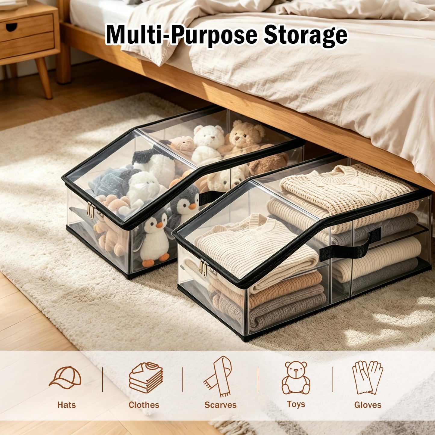 Uawsyut Foldable Clear Baseball Cap Storage Organizer – Stackable Transparent Hat Display Case with Zipper Closure 2PCS– Space-Saving Protective Unit for Baseball Caps & Accessories Black Trim