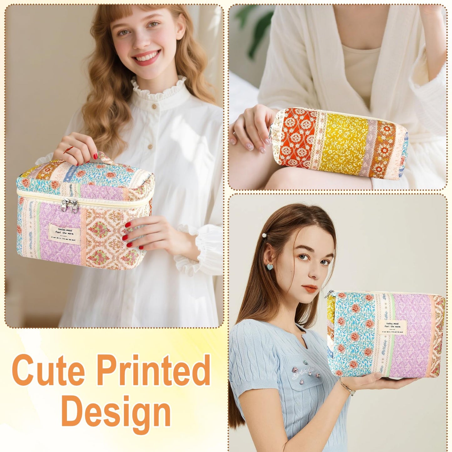 URSKYTOUS 3Pc Cotton Quilted Makeup Bags for Women Large Small Coquette Floral Travel Cosmetic Bag Set Aesthetic Cute Flower Makeup Pouch Portable Toiletry Bag Puffy Essential Storage Organizer Bag