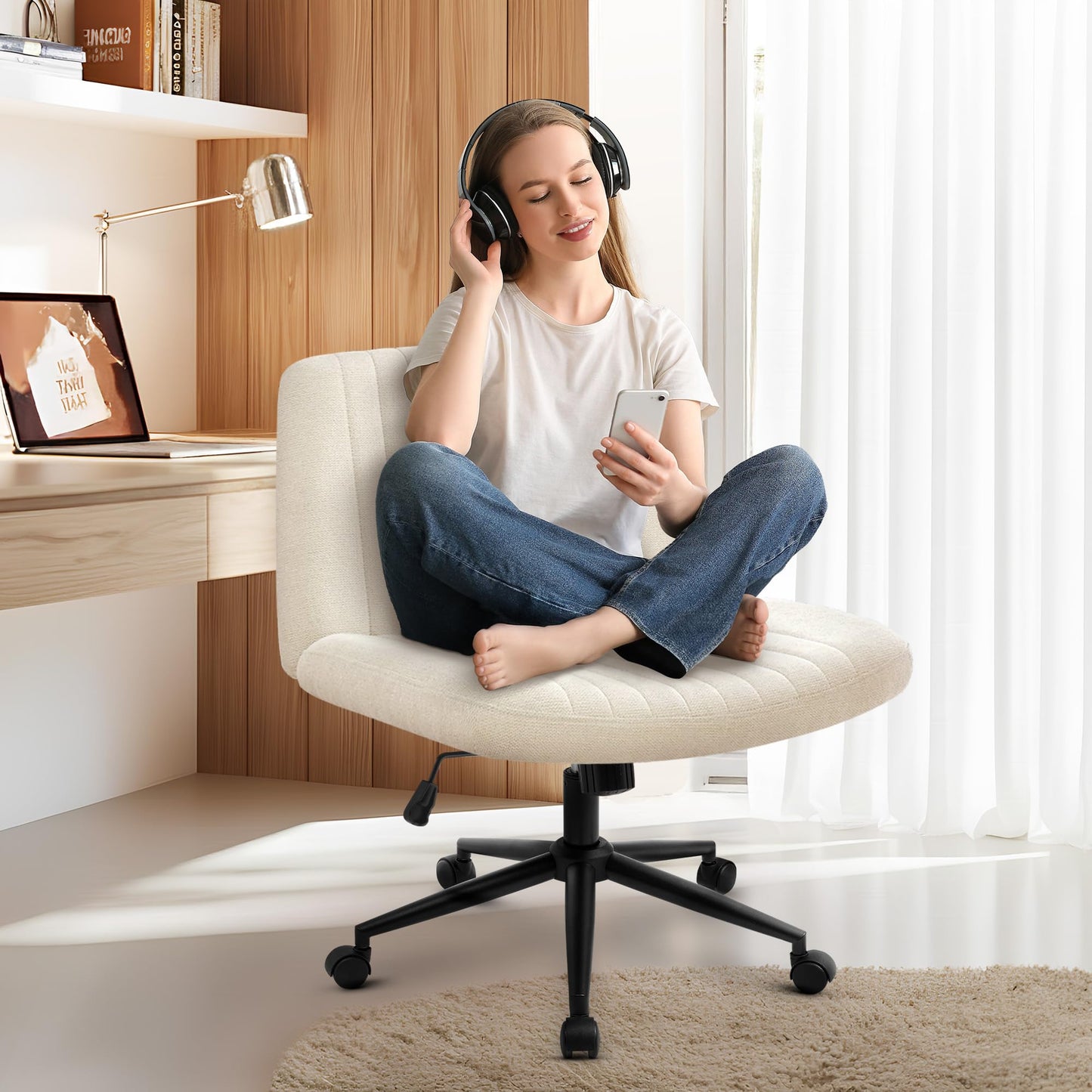 NEO CHAIR Criss Cross Chair with Wheels Armless Cross Legged Office Desk Wide Comfy Vanity Makeup Chair Adjustable Swivel Rolling Computer for Home Office Fabric (Beige)