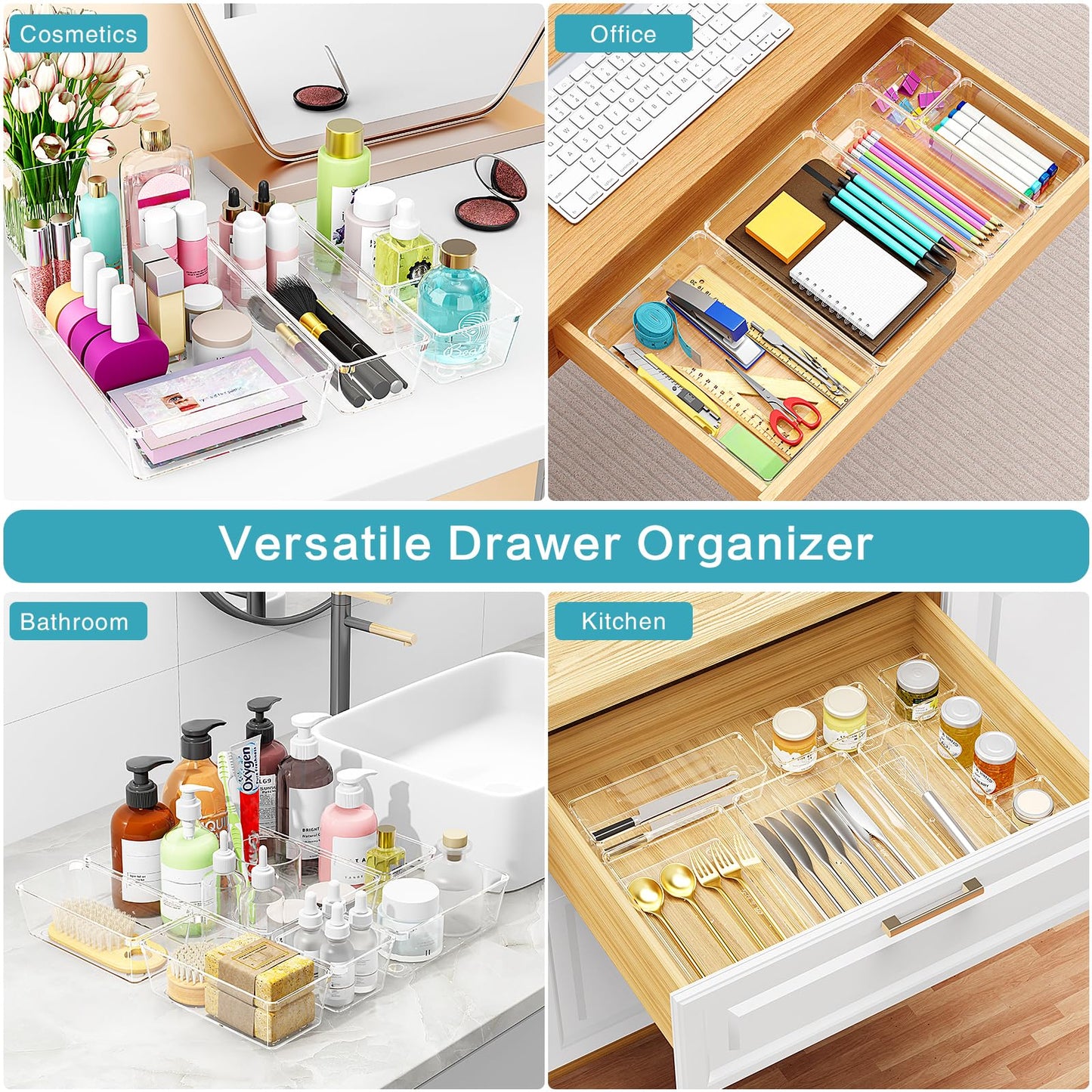 Manalete Drawer Organizers Set of 65, 4 Sizes Clear Plastic Drawer Organizers and Storage Bins for Kitchen, Bathroom, Office, Dresser Desk Drawer Organizer Tray for Jewelry, Makeup, Junk, Gadgets