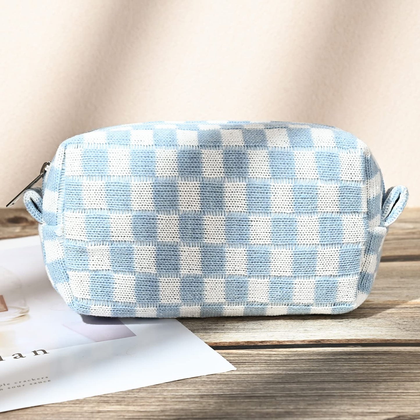 SOIDRAM 2 Pieces Makeup Bag Large Checkered Cosmetic Bag Capacity Canvas Mix Travel Toiletry Bag Organizer Cute Makeup Brushes Aesthetic Accessories Storage Bag for Women, Checkered Mix Blue