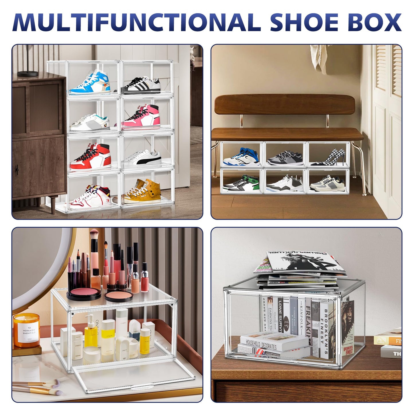 EZJOB 12 Pack Acrylic Clear Shoe Storage Boxes Size 12, Transparent Display Case for Sneaker Collections, Baseball Caps, Hat Organizer Dust-free Shoe Cubbies Stackable Sneaker Boxes