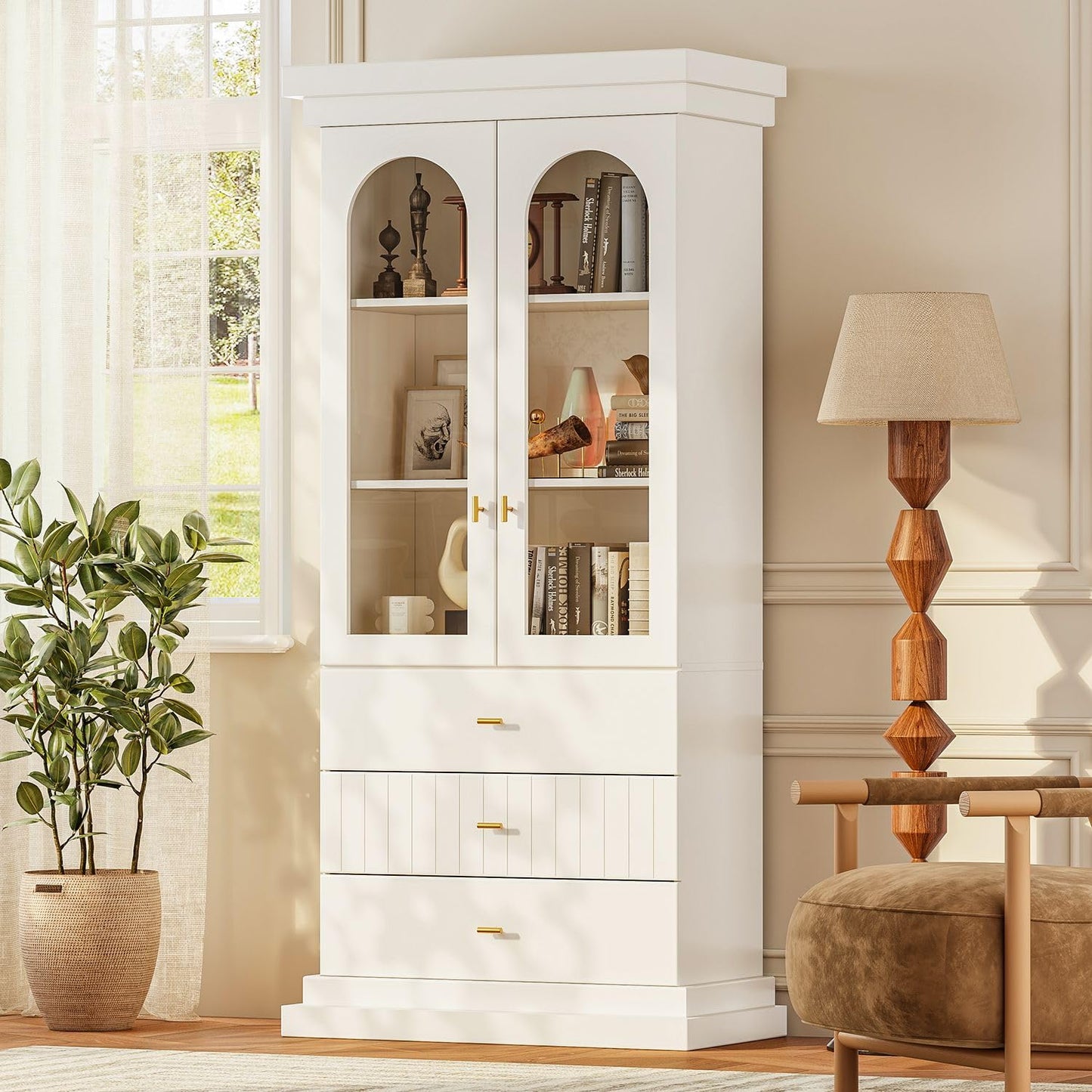 Vyre 71" Modern Tall Bookcase and Bookshelf, Triple Glass Door Display and Storage Cabinets with Drawers for Study or Home Office, White with Gold Handles, 2 of Set