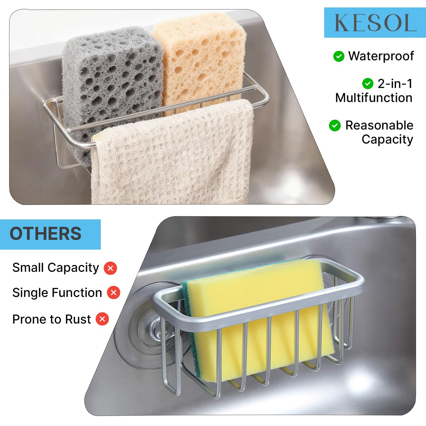 KESOL Adhesive Kitchen Sink Sponge Holder + Dish Cloth Hanger + Soap Holder, 2-in-1 Kitchen Sink Caddy, 304 Stainless Steel Rust Proof, Water Proof, No Drilling (Silver)