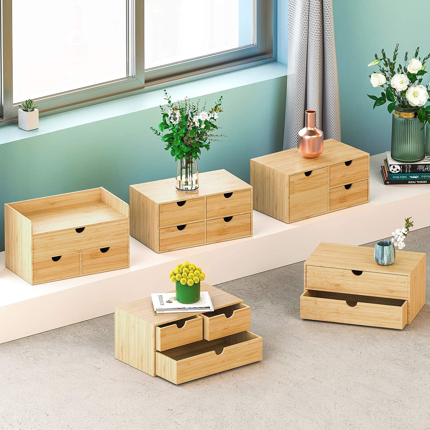 Wisuce Bamboo Desk Drawer Organizer, Desktop Organizer with Drawers Tabletop Storage Organization Box for Office Home Toiletries Supplies Vanity, No Assembly Required(4 Drawes)