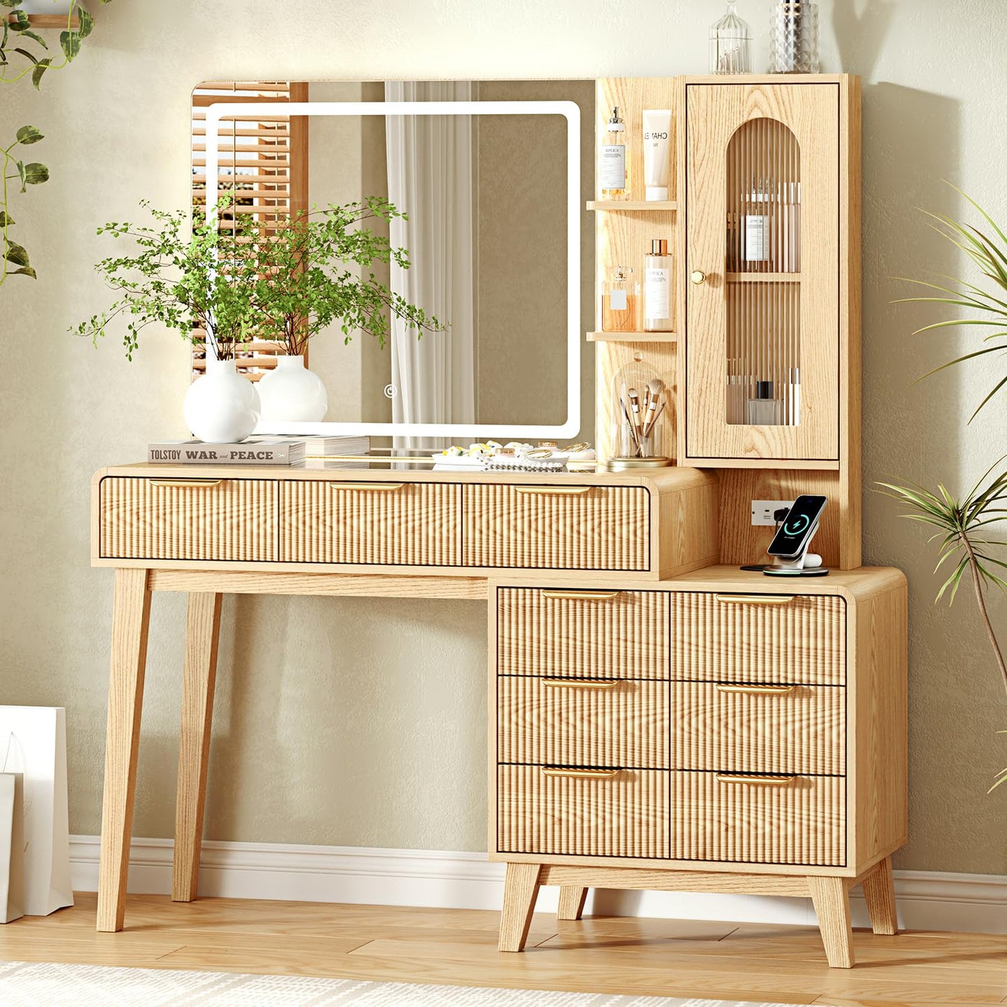 Glass Top Makeup Vanity with 3-Color LED Lighted Mirror & Power Strip, Large Vanity Table with 9 Drawers, Enclosed Cabinet & 2-Tier Open Shelves, Wooden Legs Bedroom Dressing Table, 47.2"W, Oak