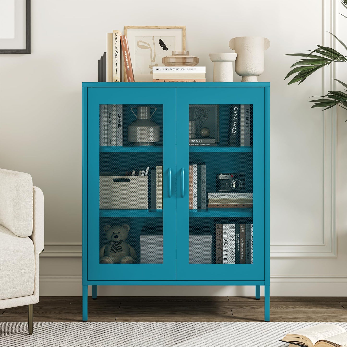 Chshin Metal Locker Storage Cabinet with 2 Mesh Doors and Adjustable Shelves,Blue Metal Locker Cabinets,Coffee Bar Cabinet,Kitchen Pantry Storage Cabinets for Home,Sideboard,Office(40" H)