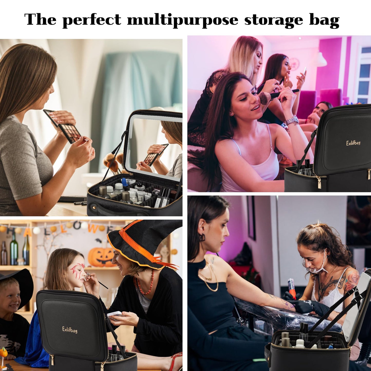 EXLIFBAG Makeup Bag with Led Mirror, Portable Travel Makeup Bag Organizer, Cosmetic Bag (Black)
