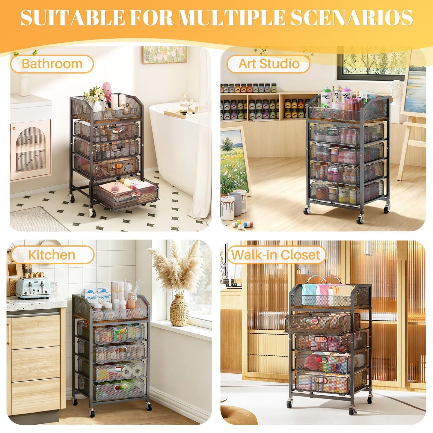 SUNALLY Makeup Organizer Cart with 4 Drawers, Rolling Makeup Storage Cart Metal Skincare Organizers, Large Vanity Storage Organizer Cosmetics Display Cases for Skin Care Perfume Nail Polish, Black