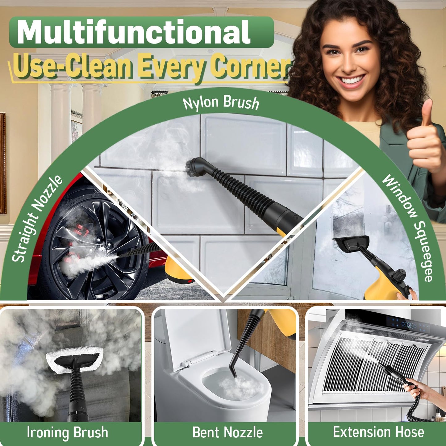 Pressurized Handheld Steam Cleaner for Home Deep Cleaning, Multi-Purpose Portable Steamer for Cleaning with 11 PCS Accessories for Dirt, Grease, Window, Car, Furniture, Bathroom, Couch, Tile and Grout