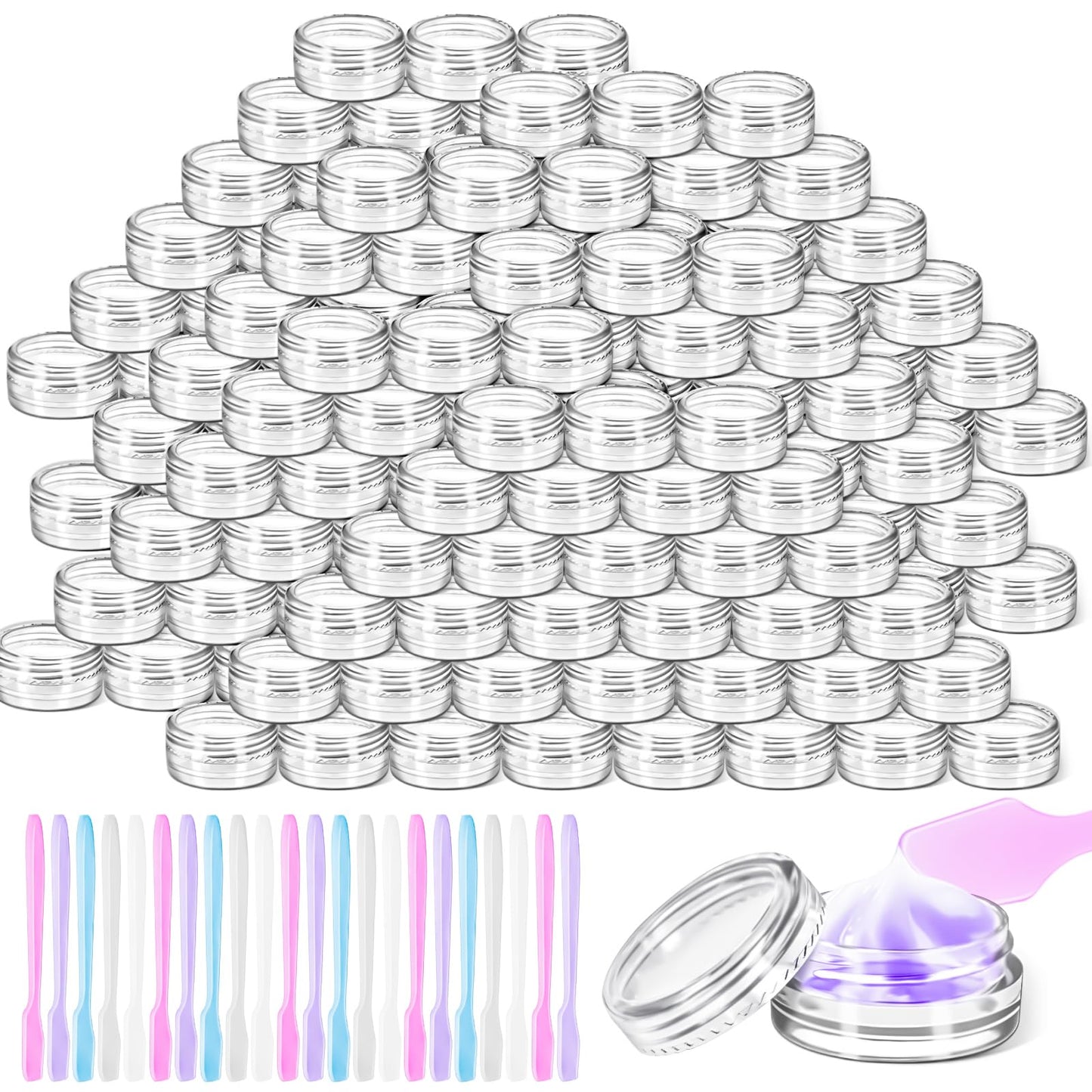 MotBach 200 Pack 3g Plastic Jars with Lids, 3ml Round Clear Cosmetic Containers Makeup Jars, 3gram Travel Size Container Jar with Spatulas for Makeup Lotion Cream Sample Ointment Salve Balm Powder