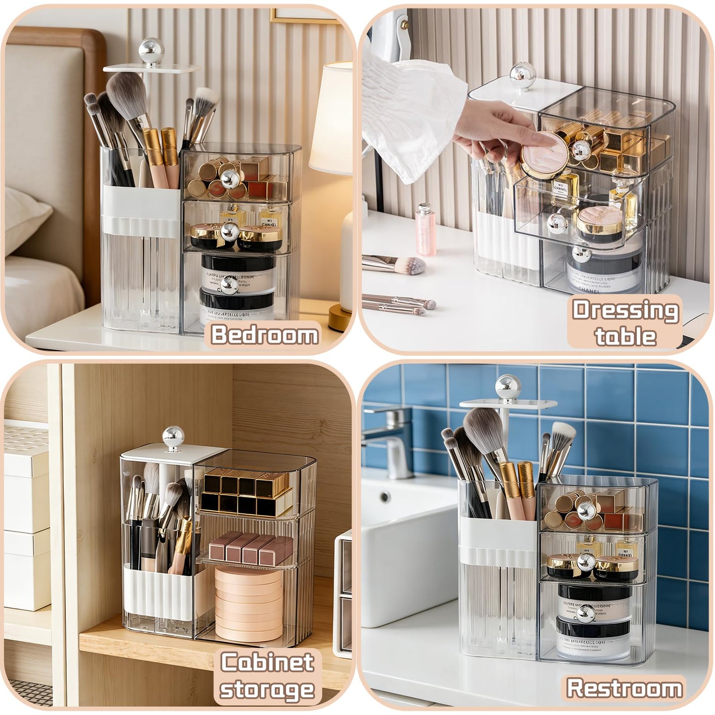 Oskrieel PET Makeup Organizer with Press Pop-Out Compartment & 3 Drawers, Clear Cosmetic Storage Box for Vanity Countertop, Bathroom Small Item Organization