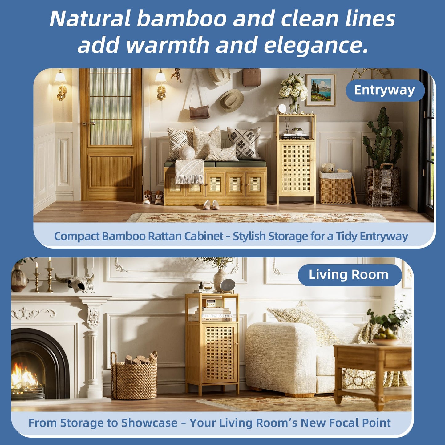 HITNET Bathroom Storage Cabinet Rattan, Small Bamboo Floor Cabinet with Single Door and Open Shelf, Freestanding Narrow Cupboard for Living Room, Kitchen, Entryway, Natural