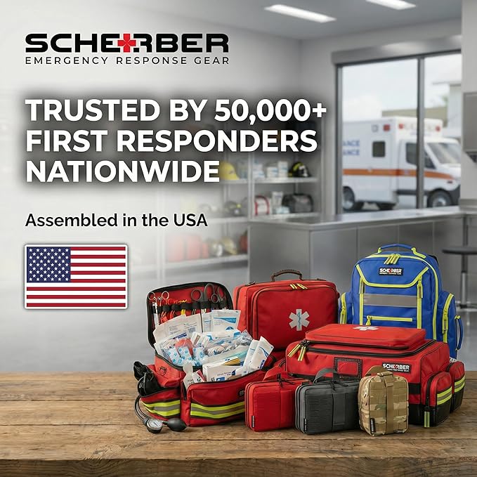 Scherber First Responder Fully-Stocked Professional Essentials EMT/EMS Trauma Kit | HSA/FSA Approved | Reflective Bag w/8 Zippered Pockets & Compartments & 200+ First Aid Supplies - Orange