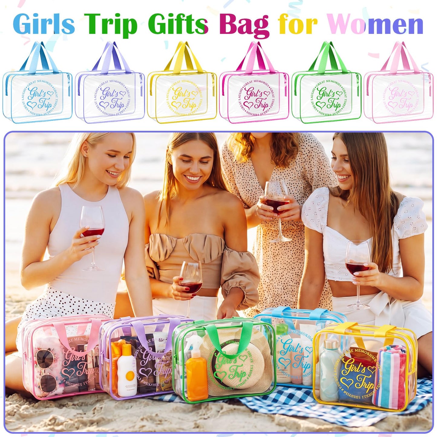 Sunnymove 6 Pcs Girls Trip Gifts Favors Large Clear Makeup Bags with Handle Zipper for Women Waterproof PVC Cosmetic Bag Gifts Set for Women, Sister, Colorful