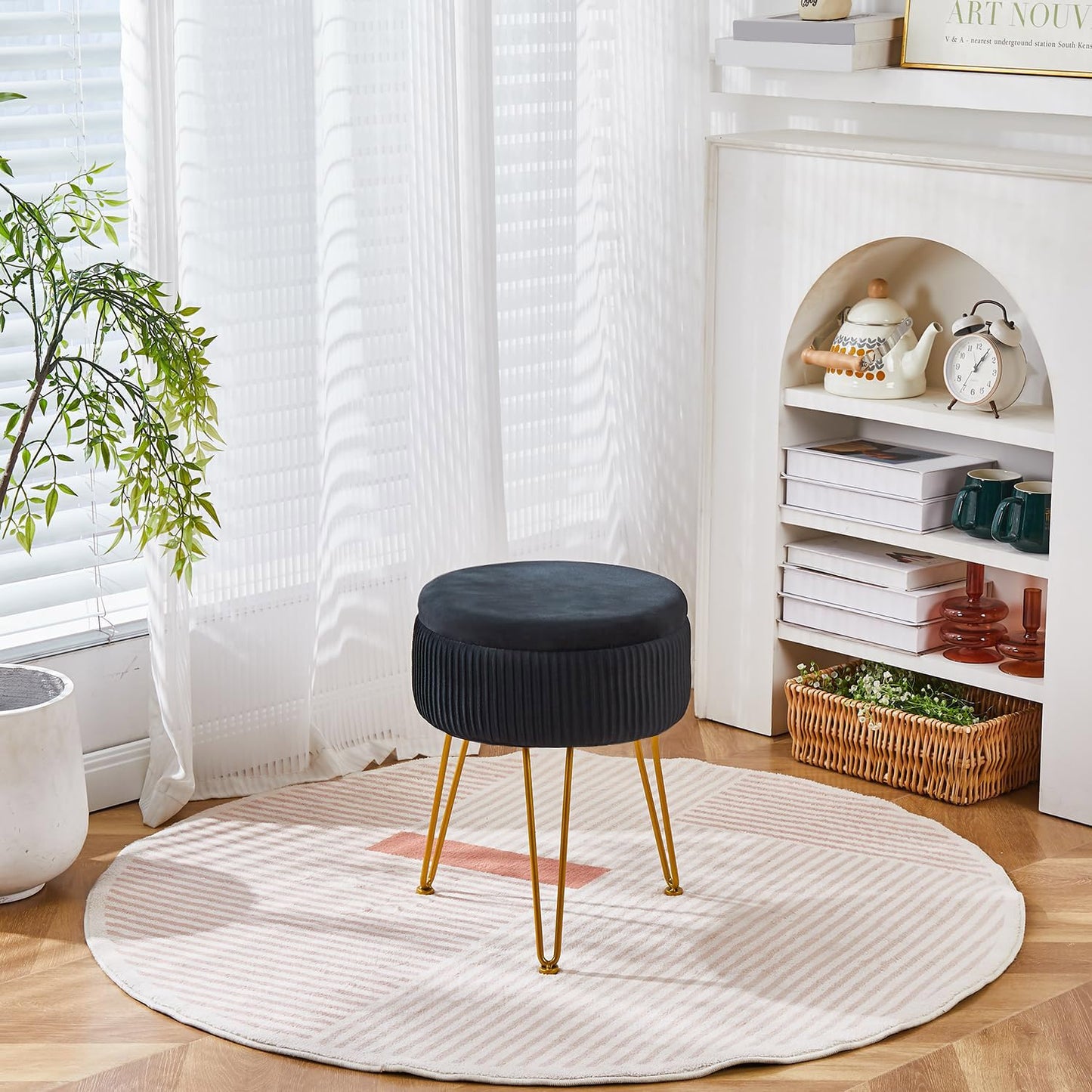 Wimarsbon Vanity Stool Vanity Chair with Storage, Velvet Makeup Stool, Soft Ottoman with Anti-Slip Feet, Furry Padded Seat for Makeup, Bedroom Black