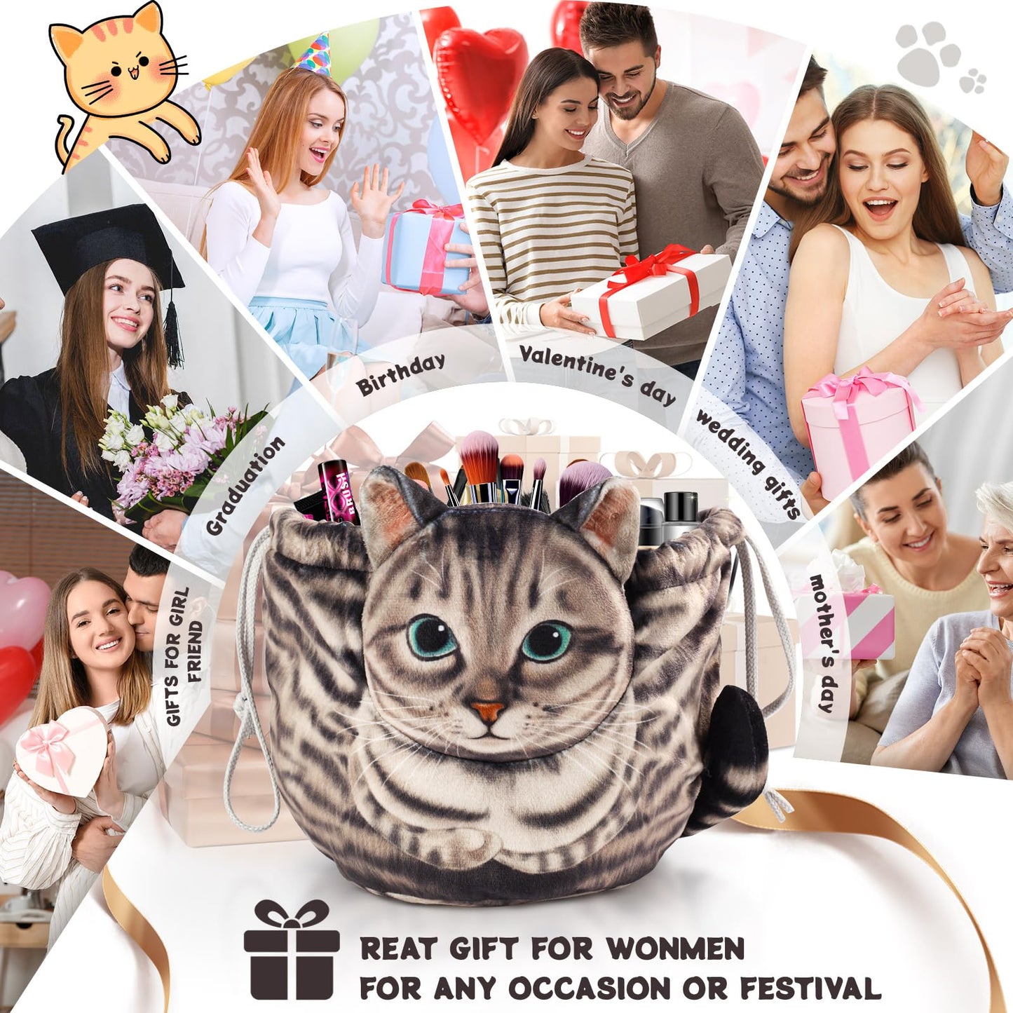 Openhahaha Openhaha Drawstring Travel Organizer, Cosmetic Pouch - Cat Gift, Lay Flat Makeup Bag Gifts for Cat Lovers