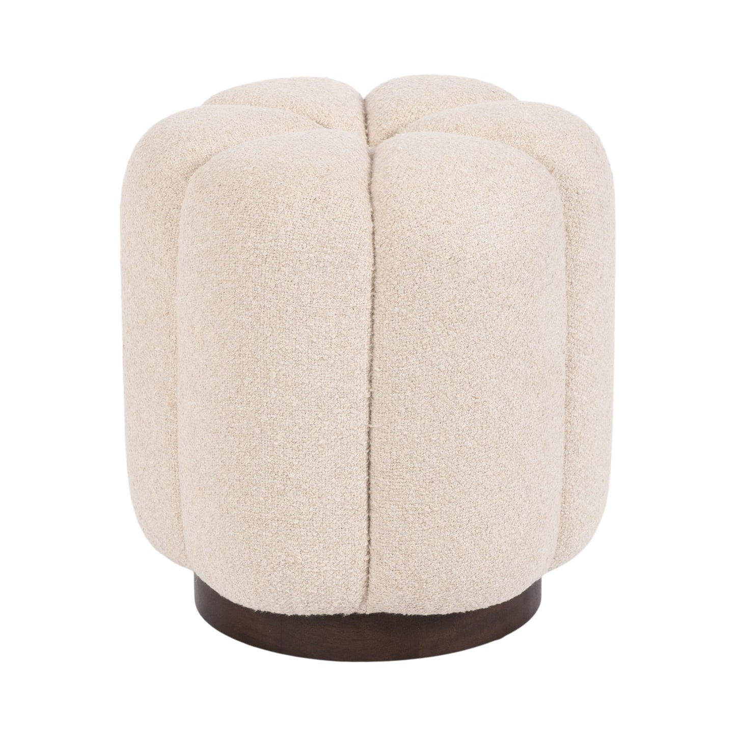 Kate and Laurel Lucida Round Upholstered Ottoman with Mango Wood Base, 16 x 16 x 18, Soft White and Dark Brown, Modern Scalloped Boucle Ottoman Foot Rest for Apartment or Living Room Decor