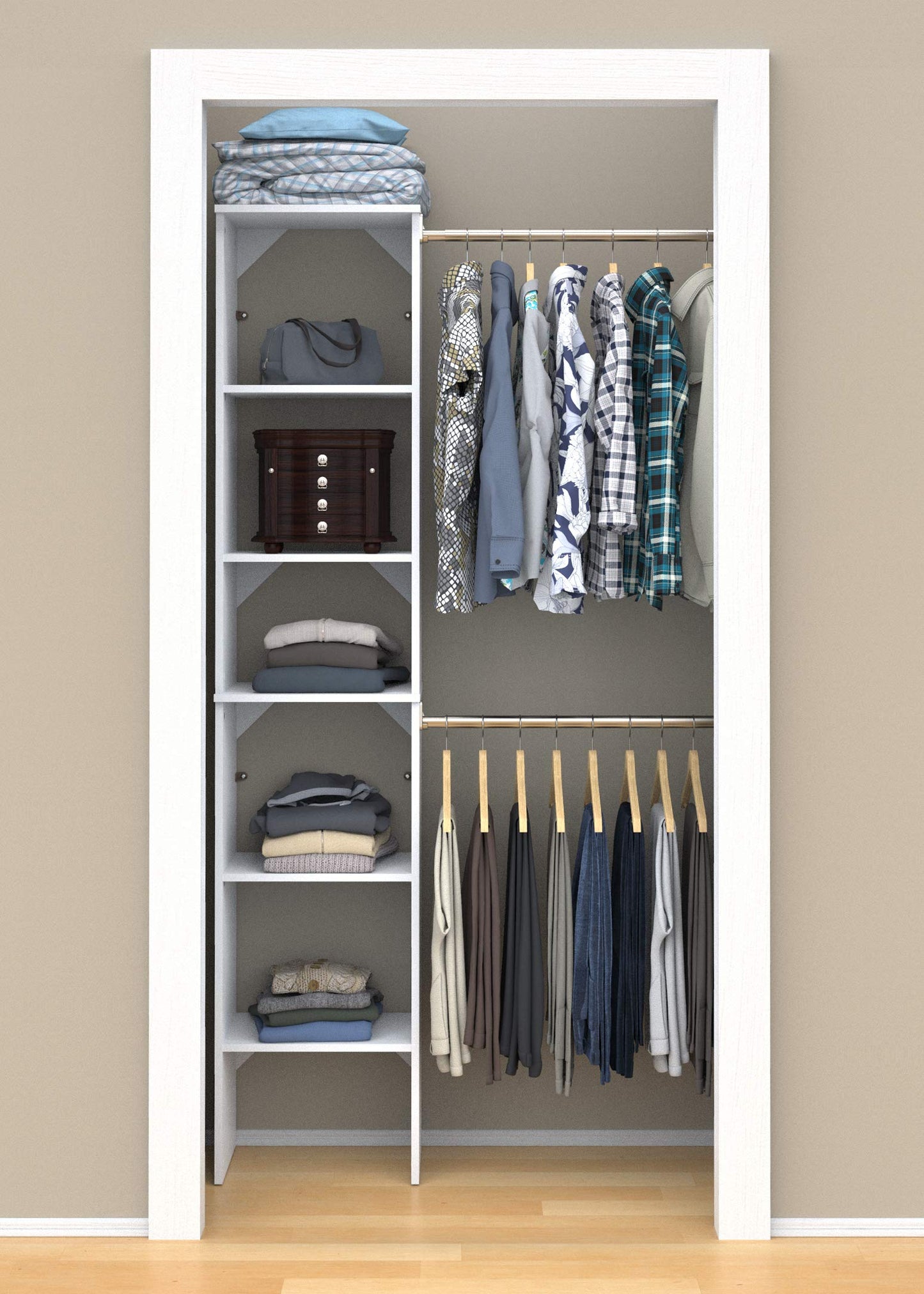 ClosetMaid SuiteSymphony Small Closet Organizer Starter Kit with Tower and 3 Hang Rods, Shelves, Adjustable, Customizable Wardrobe Organizer System, Reach-In or Walk-In Closets, Pure White