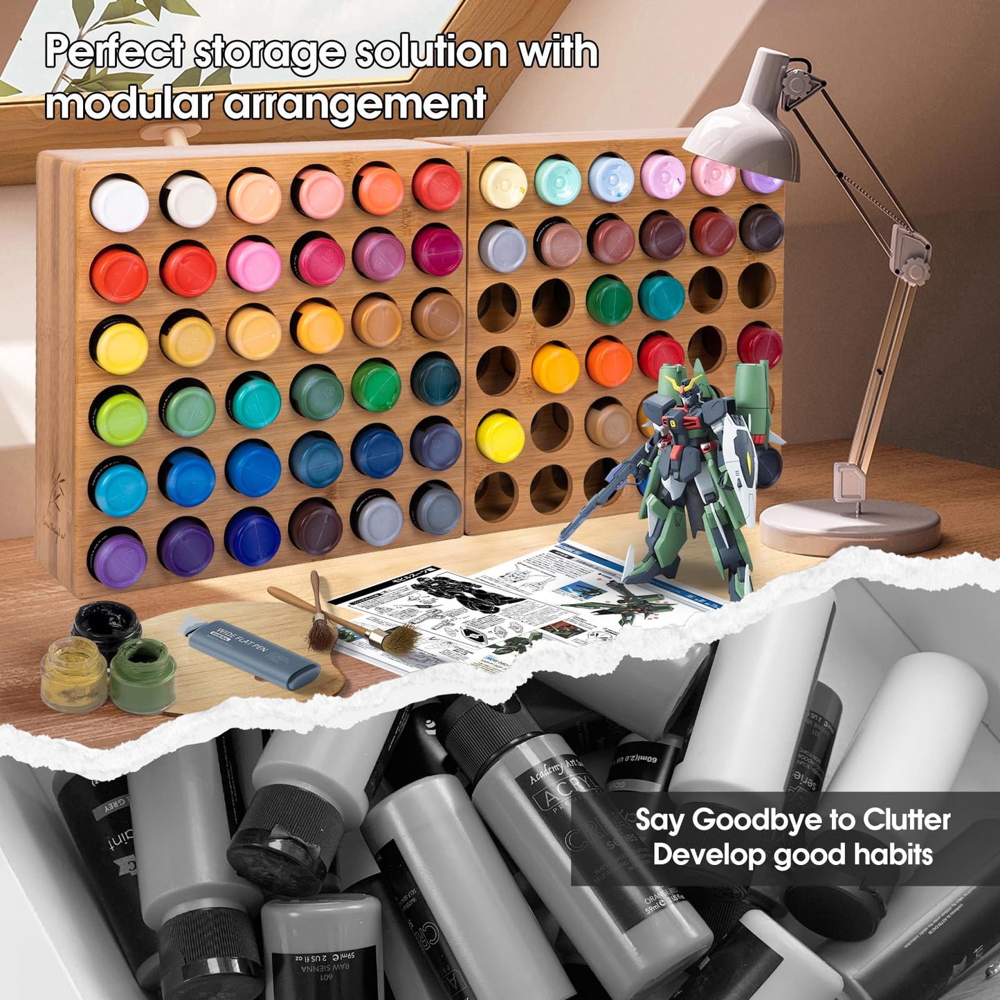 TIKSPCAE Bamboo Craft Paint Storage Organizer,36-Hole Vertical Paint Rack Stand for 2oz Craft & Acrylic Paints,Stackable Modular Storage Solution for Home, Classroom, and Office