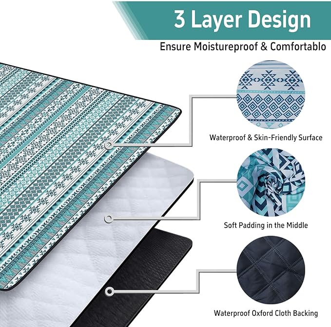 Extra Large Picnic Outdoor Blanket 60''x80'' Teal Blue Tribal Stripes Waterproof and Sandproof Picnic Mat for Beach Foldable Camping Accessories for Grass Lawn Park
