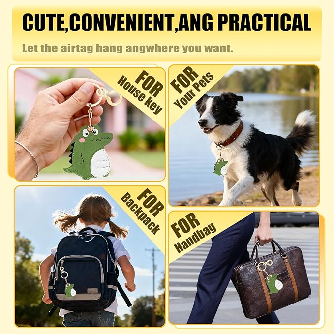 Leather Keychain for Airtag, Cute Protective Keychain Holder Compatible with Apple Air Tag,GPS Item Tracker Case Cover for Keys,Bags,Pets,Luggage(Dinosaur)